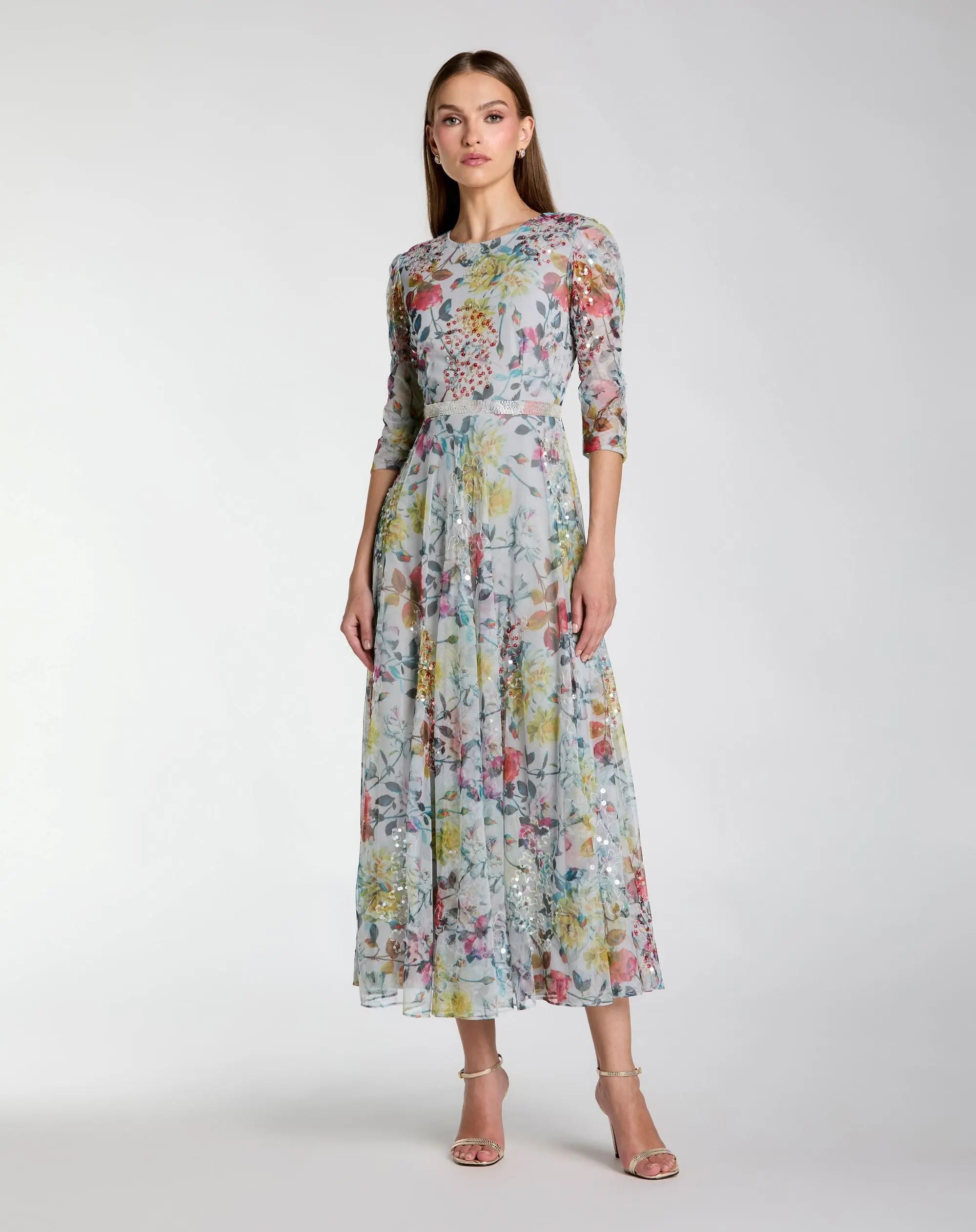 Blue Multicolor Floral Midi Dress With 3/4 Sleeves Mac Duggal