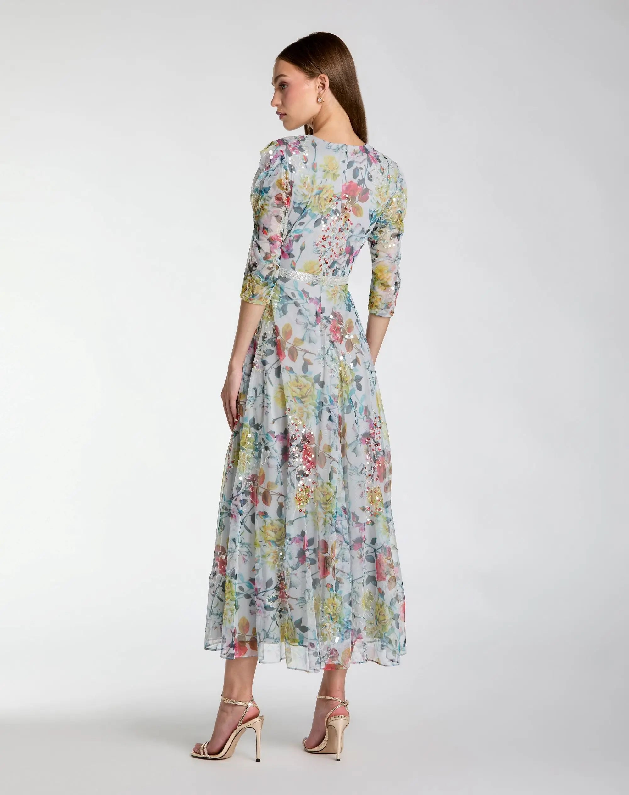 Blue Multicolor Floral Midi Dress With 3/4 Sleeves Mac Duggal