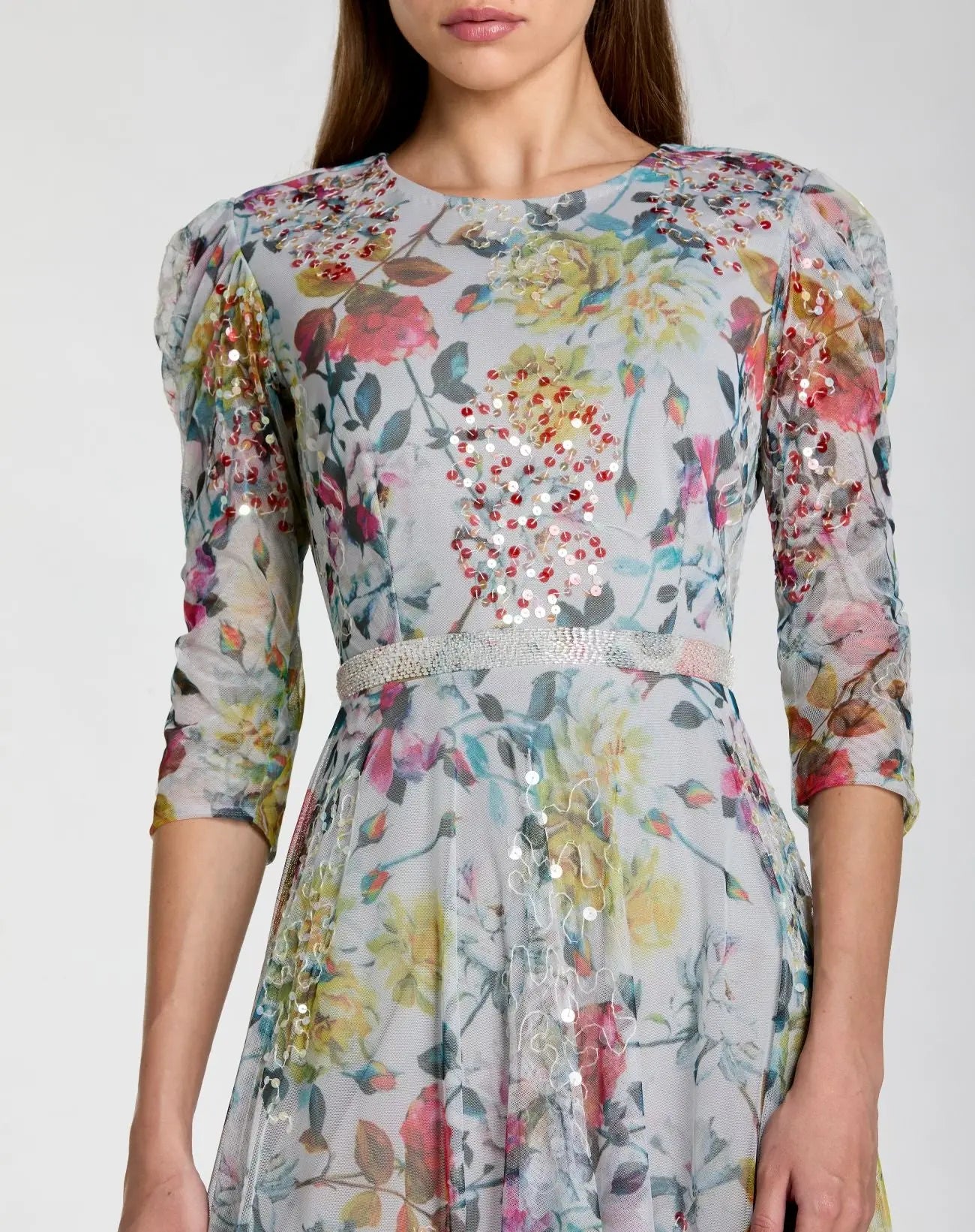 Blue Multicolor Floral Midi Dress With 3/4 Sleeves Mac Duggal