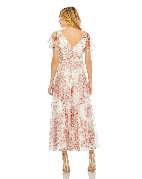 Floral Print Faux Wrap Flutter Sleeve A Line Dress | Sample | Sz. 2