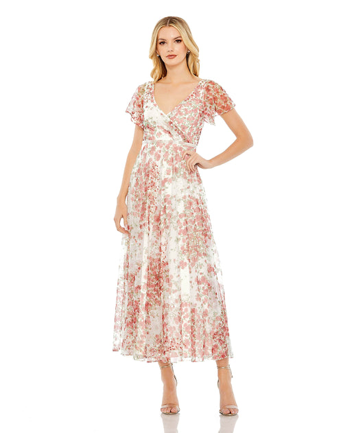 Floral Print Faux Wrap Flutter Sleeve A Line Dress | Sample | Sz. 2