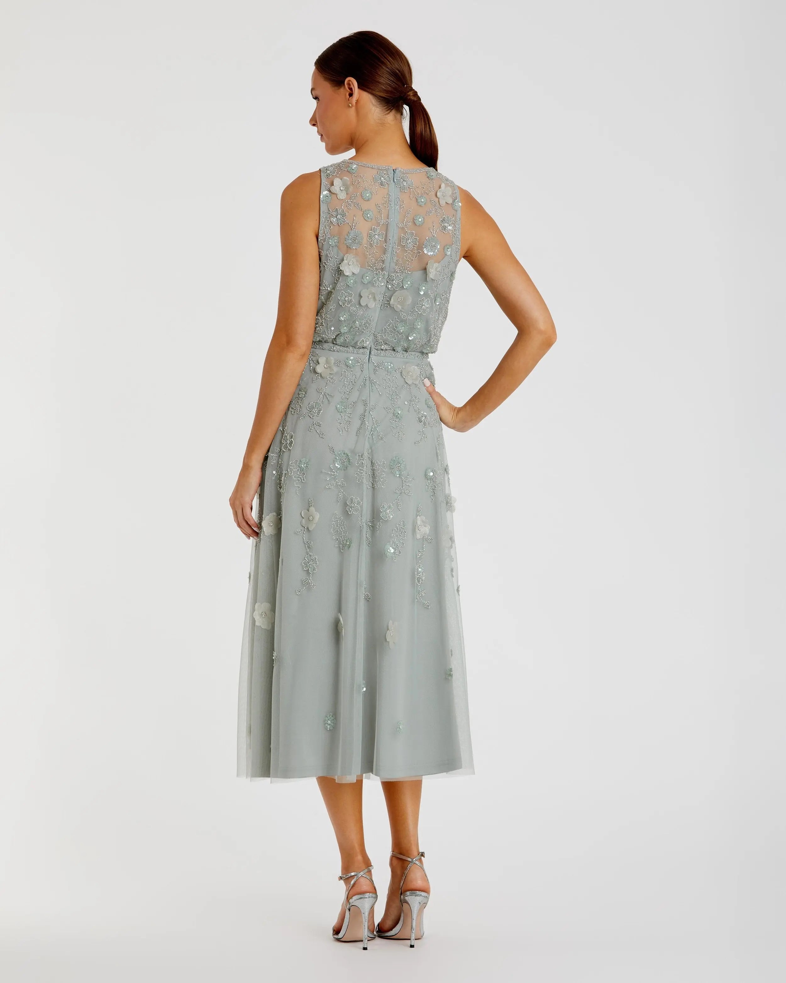 Green Floral Embellished Sleeveless Midi Dress Mac Duggal