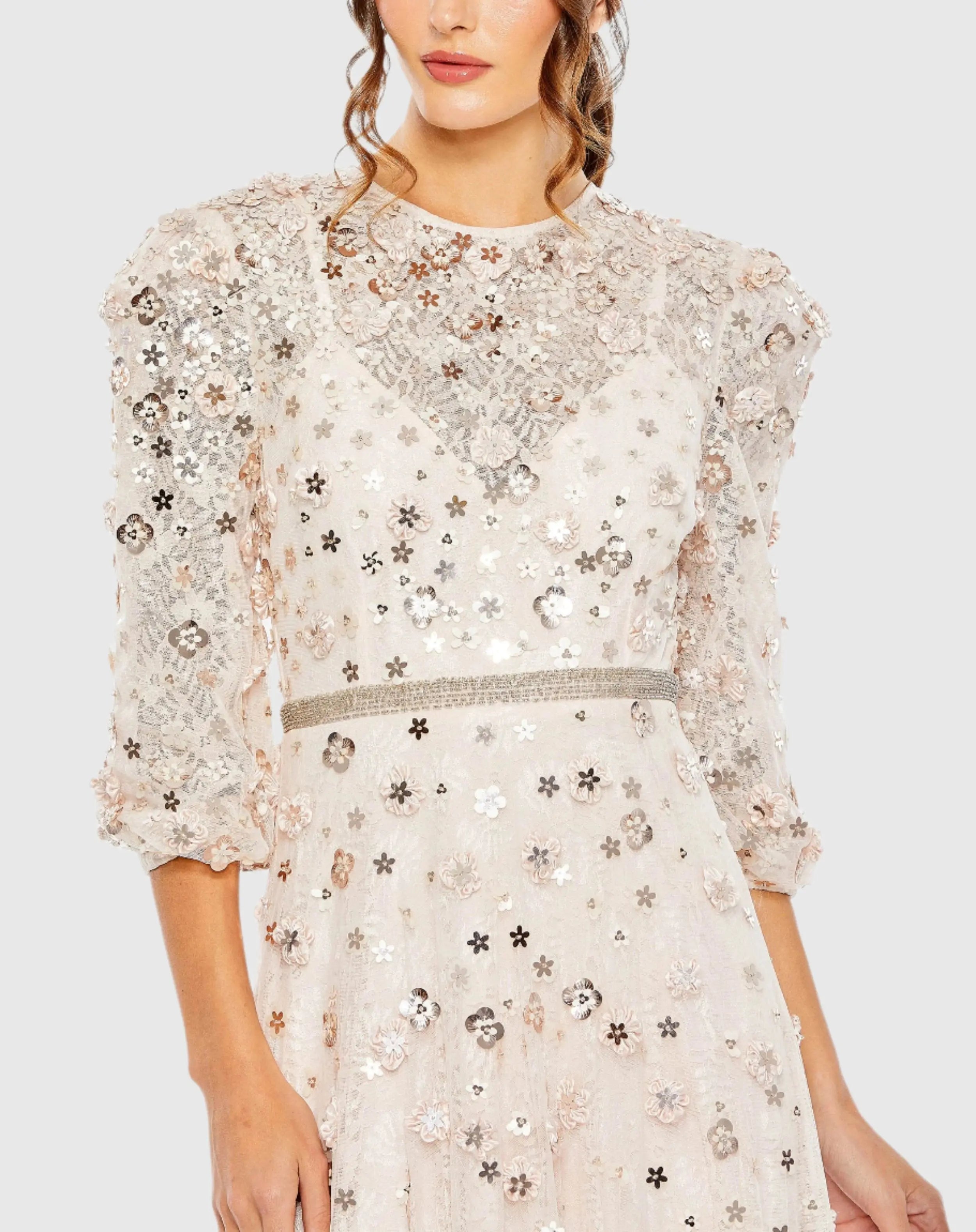 Floral Applique Puff Sleeve High Neck A-Line Gown - Mac Duggal