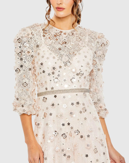 Floral Applique Puff Sleeve High Neck A-Line Gown - Mac Duggal