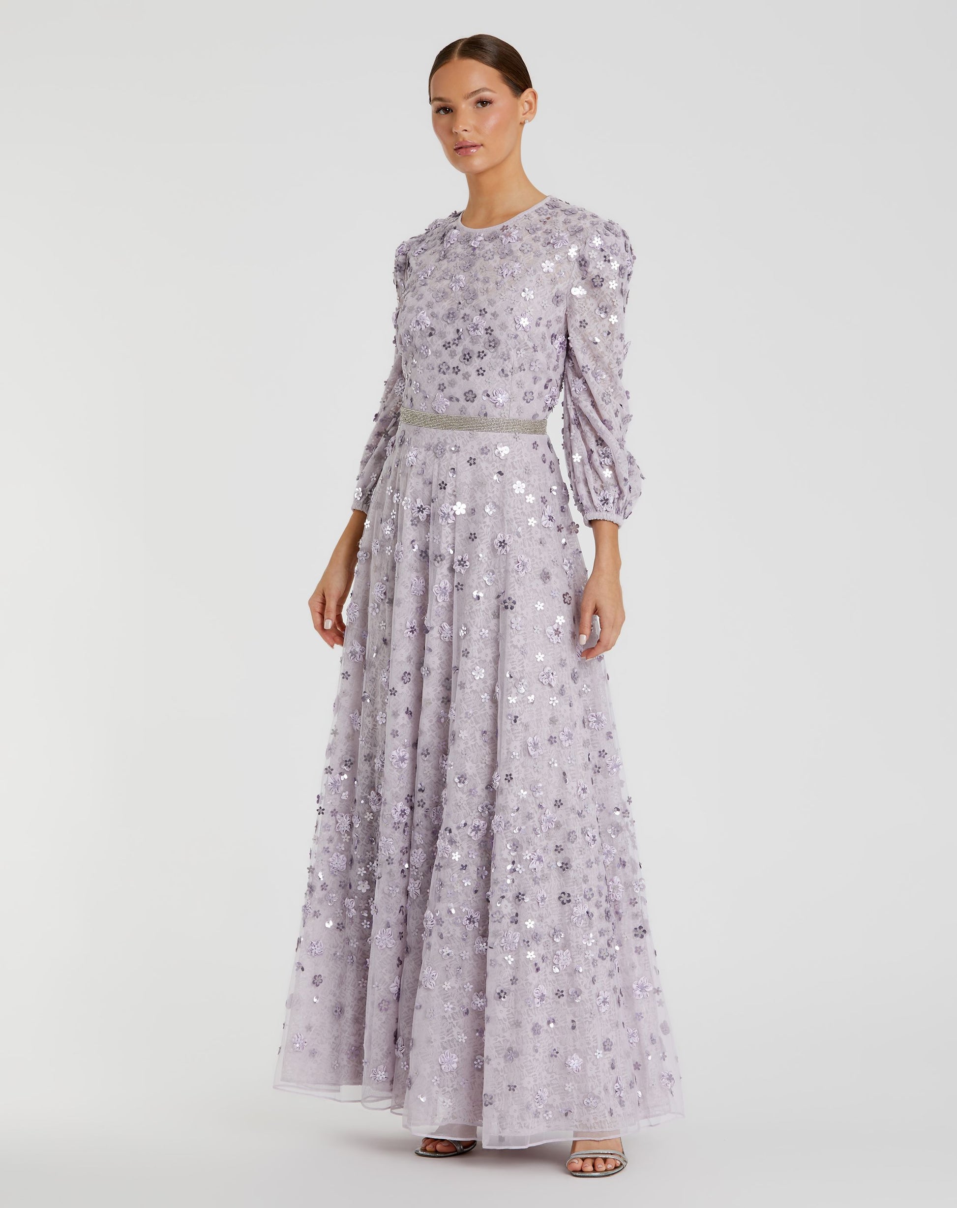 Floral Applique Puff Sleeve High Neck A-Line Gown