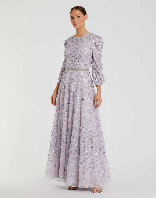 Floral Applique Puff Sleeve High Neck A-Line Gown