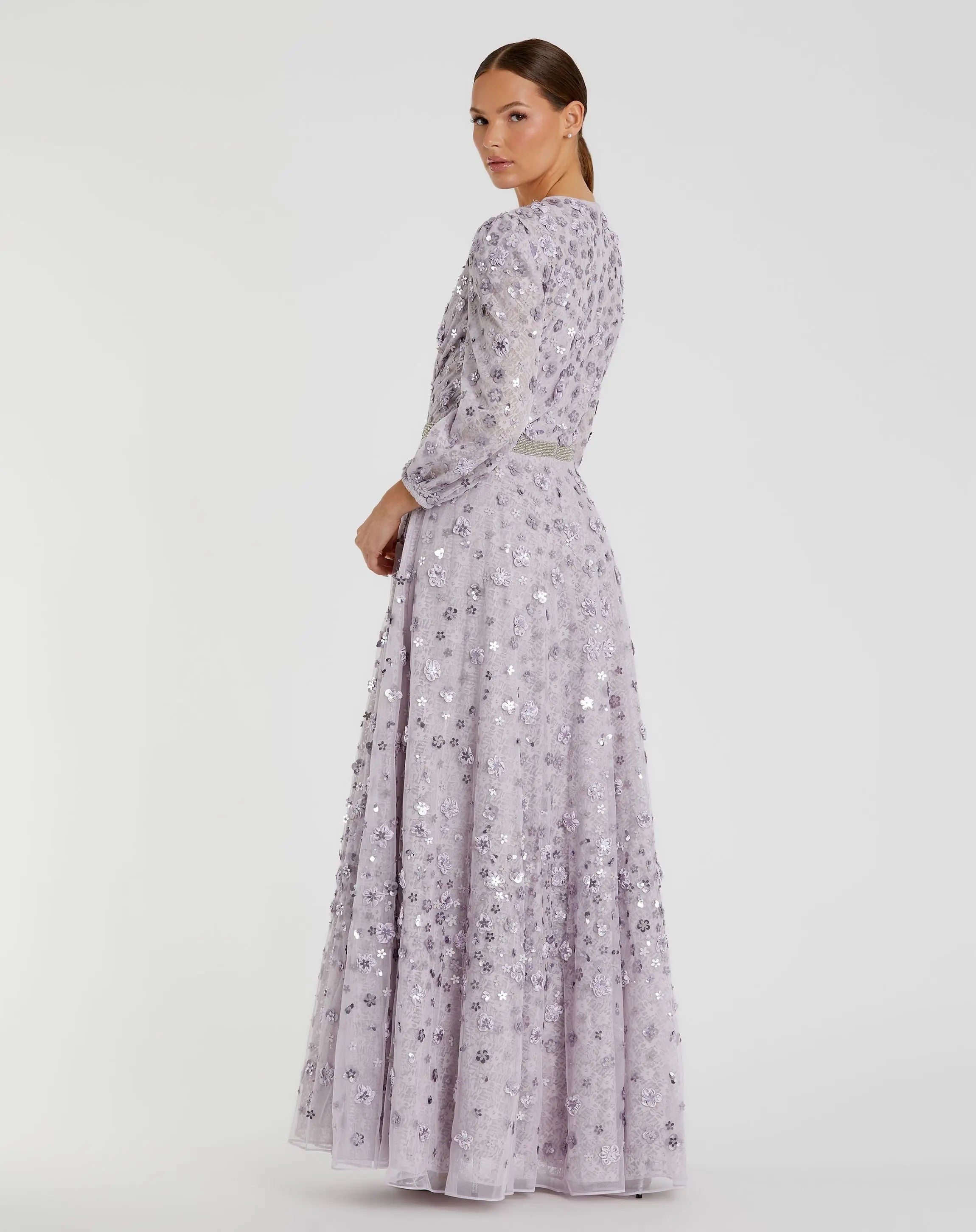 Floral Applique Puff Sleeve High Neck A-Line Gown - Mac Duggal