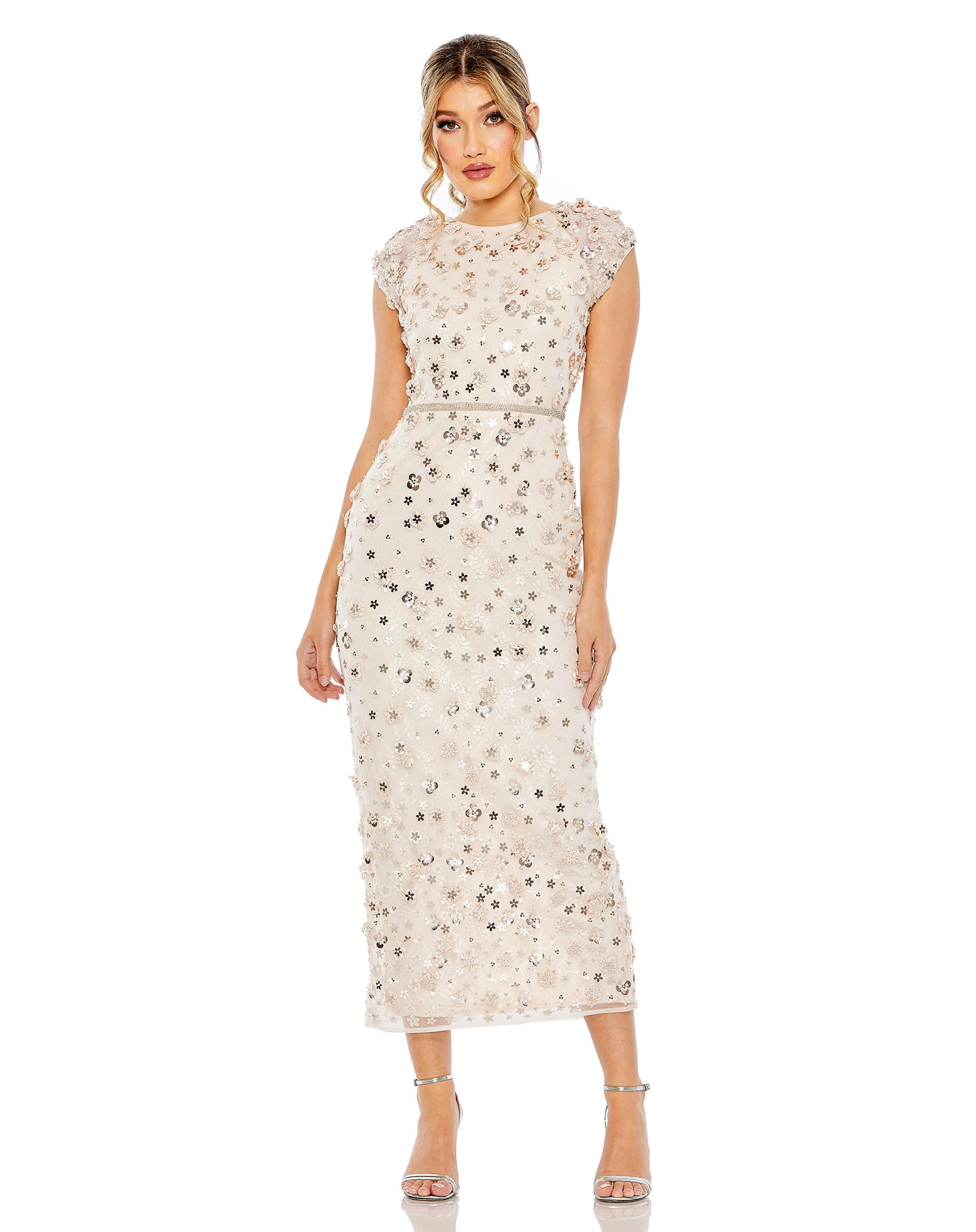 Floral Applique Cap Sleeve Column Dress