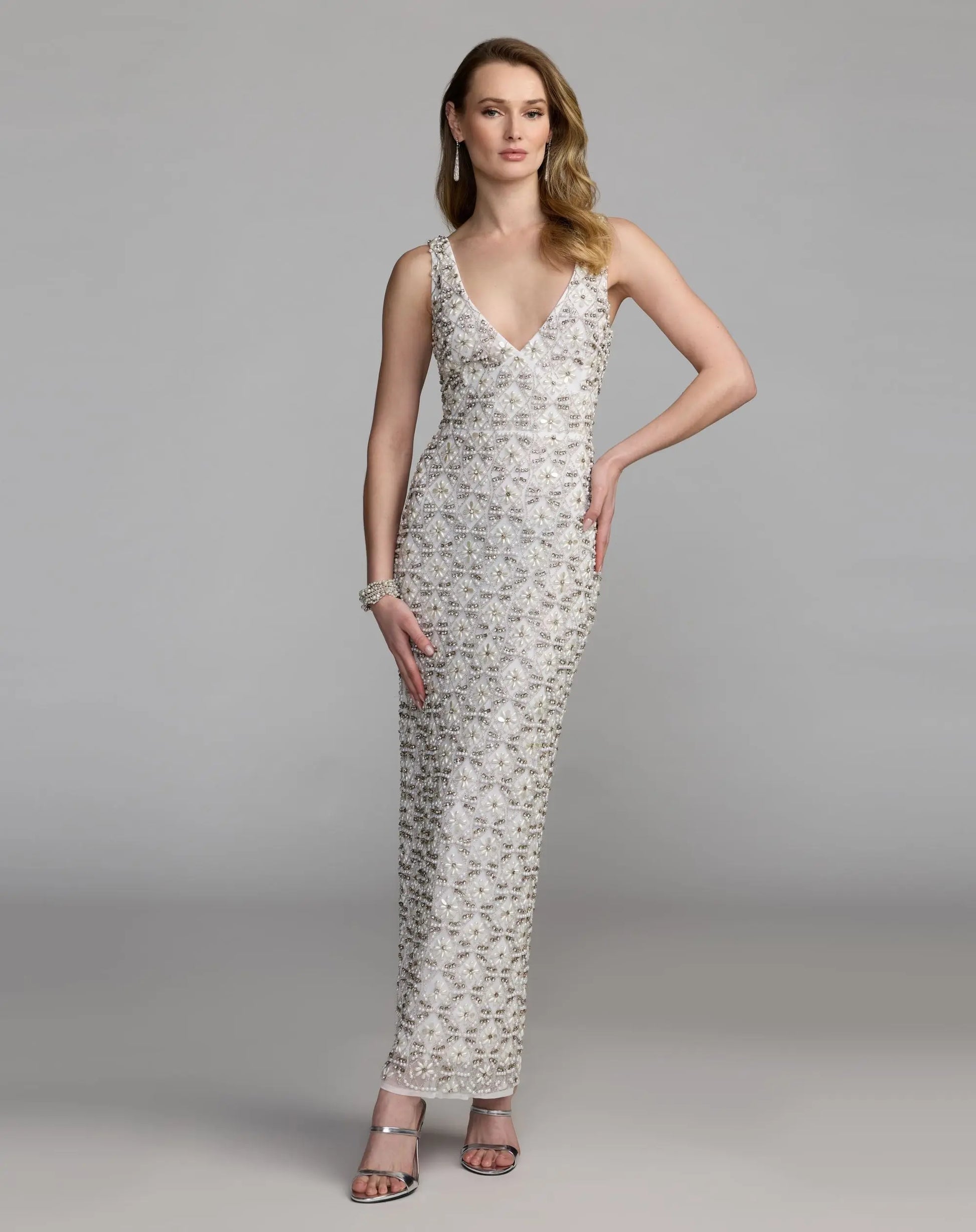 White Pearl Embellished Sleeveless Column Dress | Mac Duggal White Pearl Embellished Sleeveless Column Dress | Mac Duggal