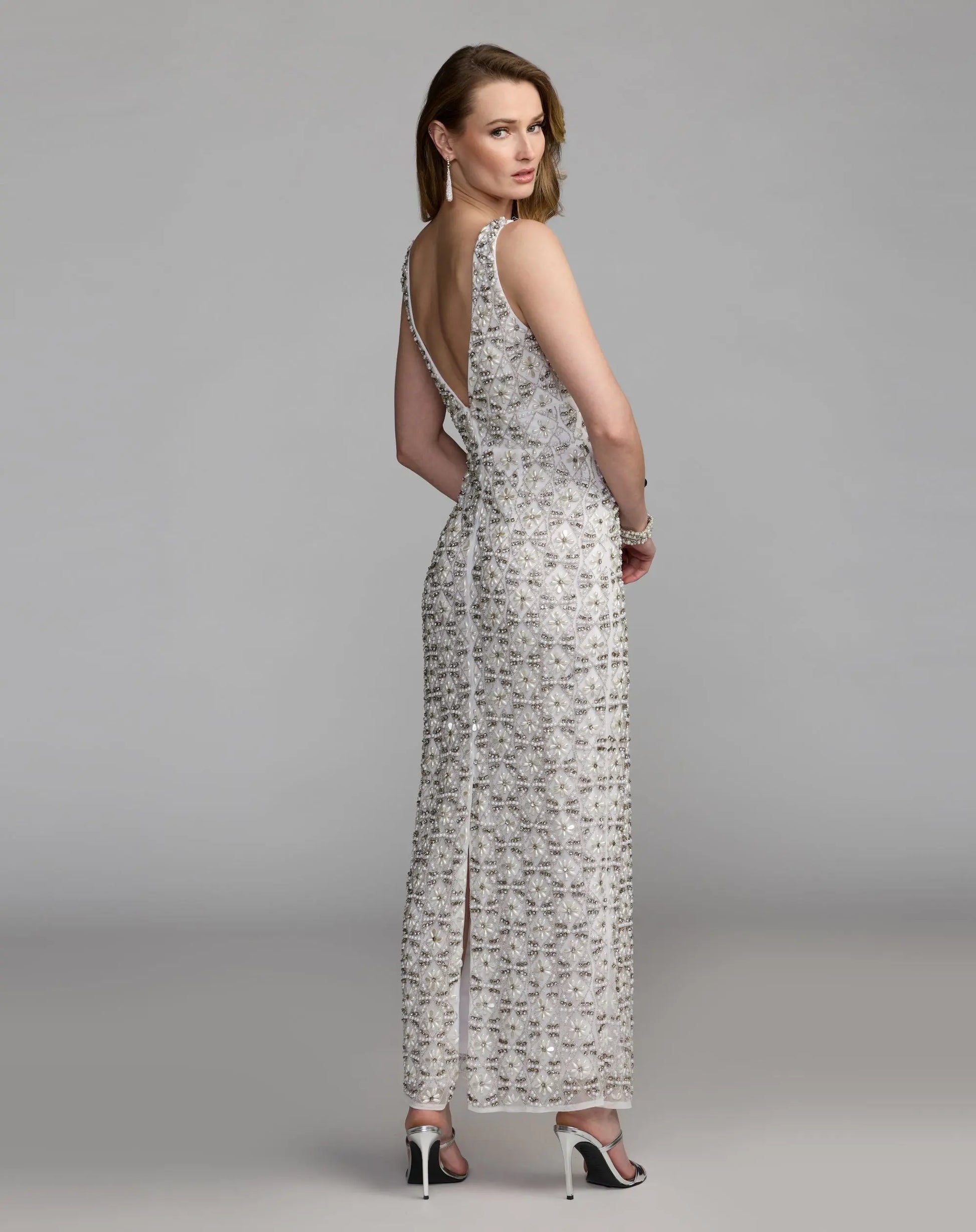 White Pearl Embellished Sleeveless Column Dress | Mac Duggal White Pearl Embellished Sleeveless Column Dress | Mac Duggal