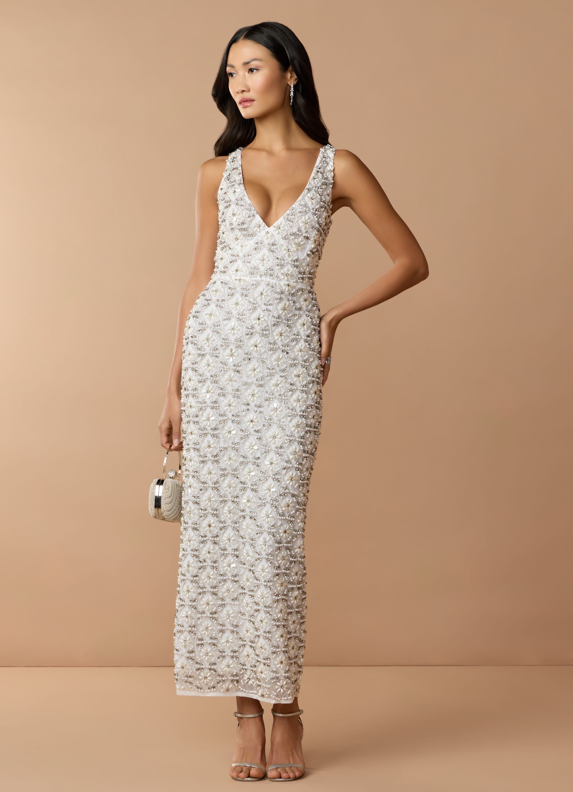 Ivory Fully Beaded Sleeveless Column Dress