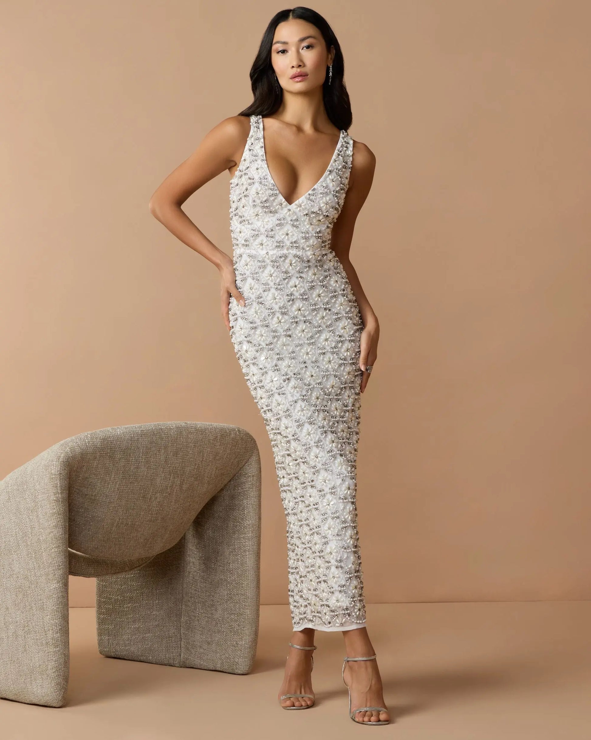 White Pearl Embellished Sleeveless Column Dress | Mac Duggal White Pearl Embellished Sleeveless Column Dress | Mac Duggal