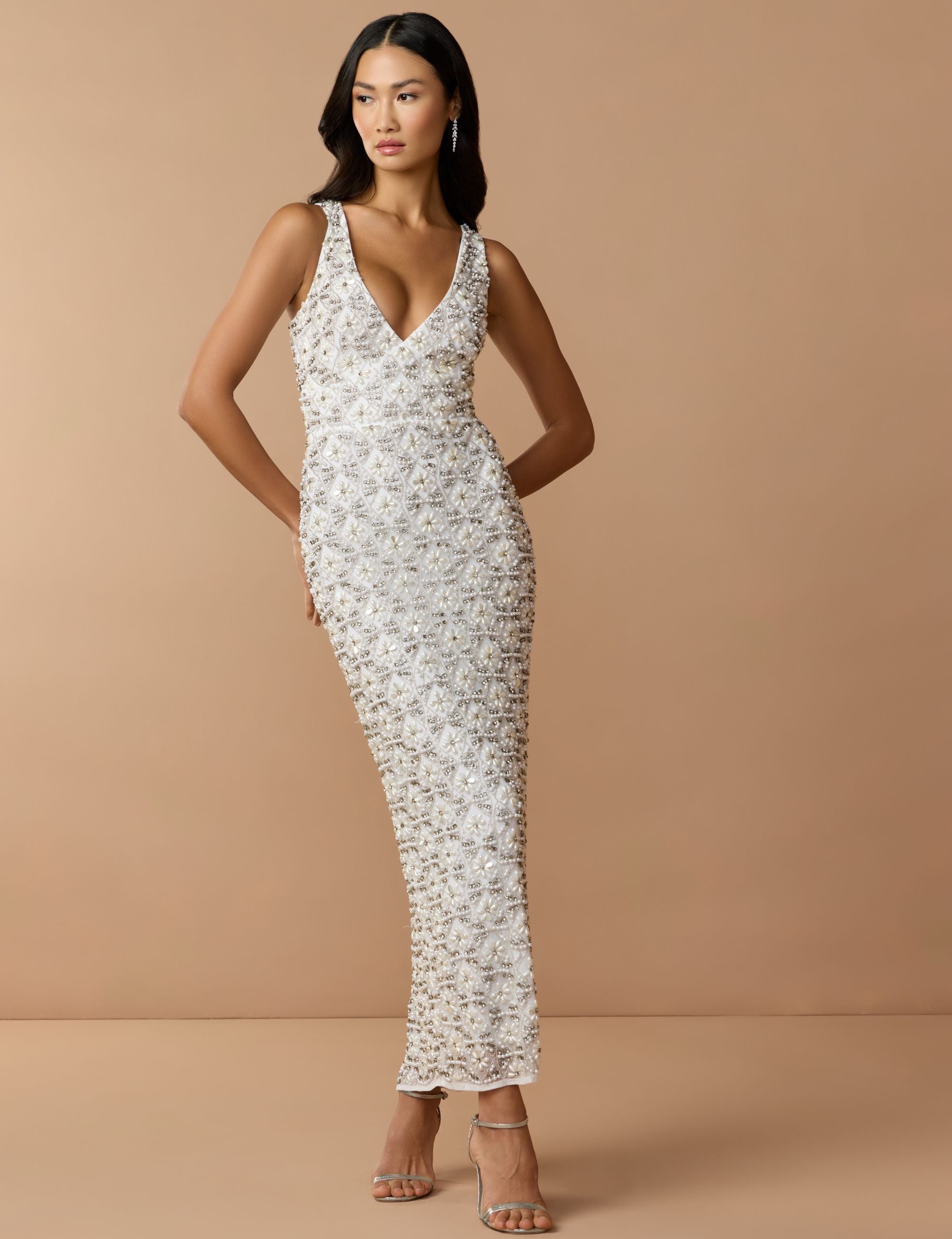 Ivory Fully Beaded Sleeveless Column Dress