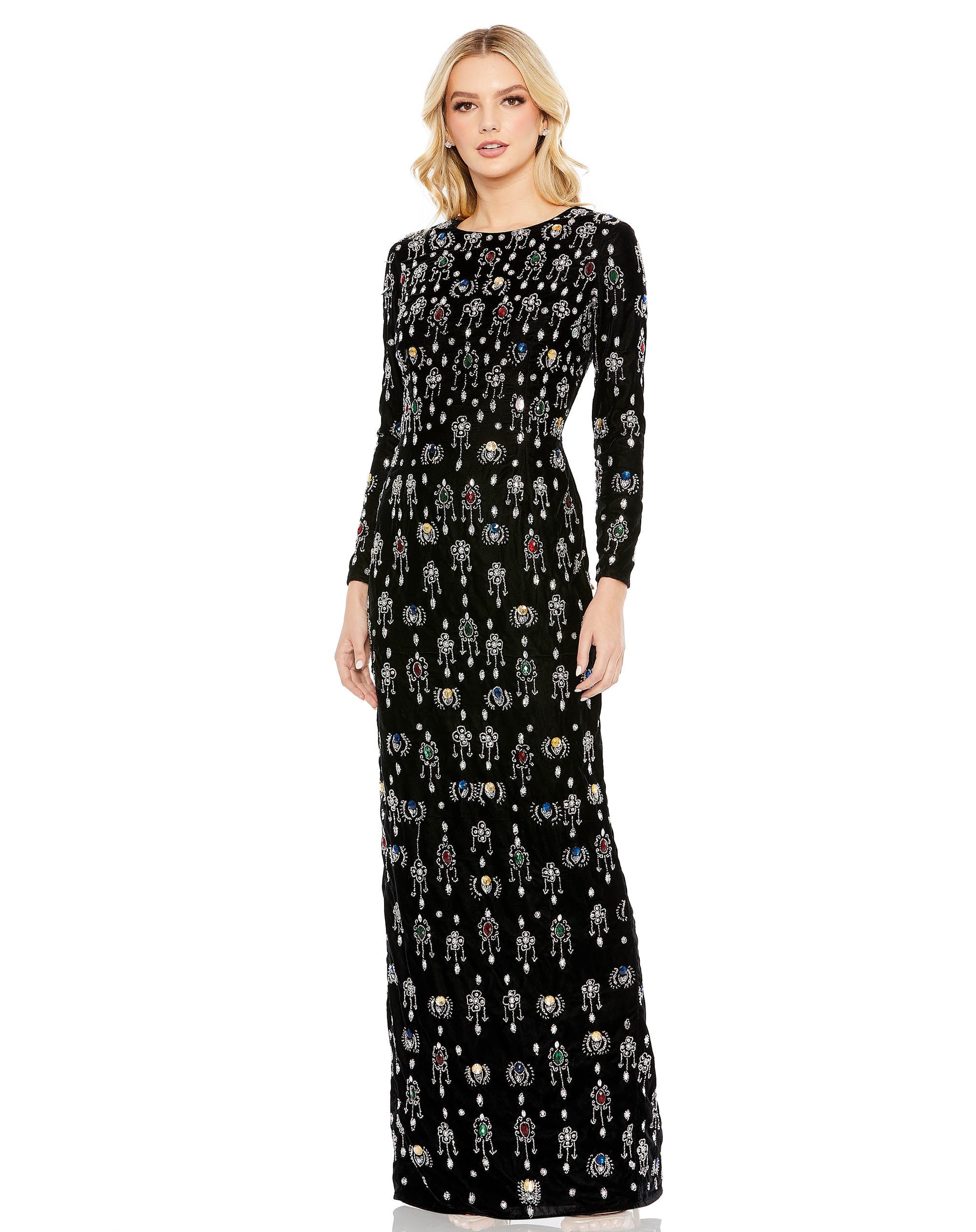 Gem Embellished Velvet Long Sleeve Column Dress | Sample | Sz. 2