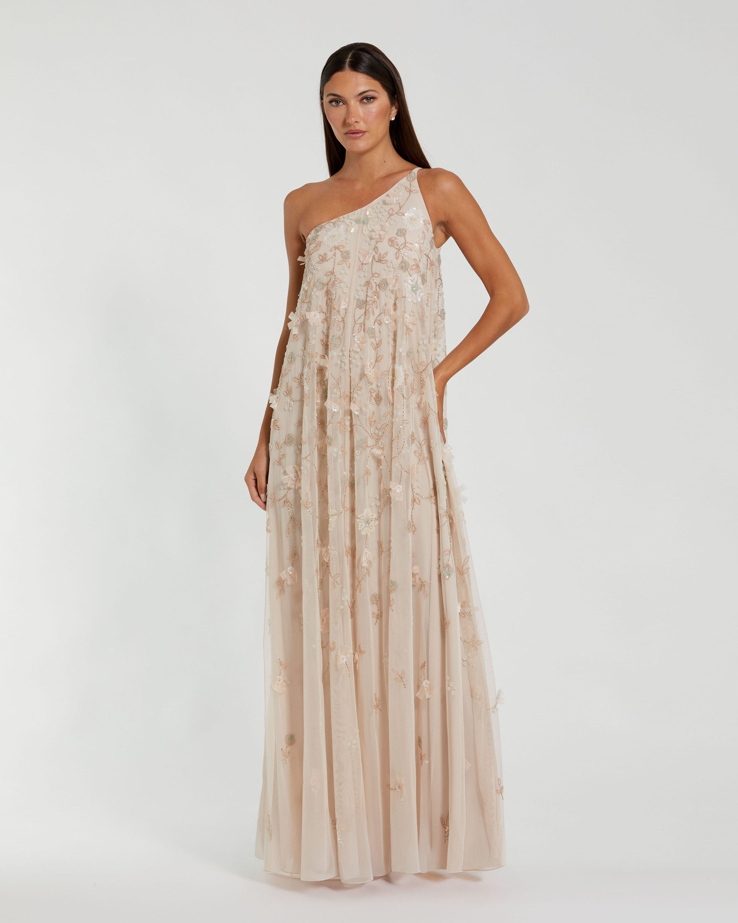 Beige One Shoulder Floral Embellished Trapeze Gown

