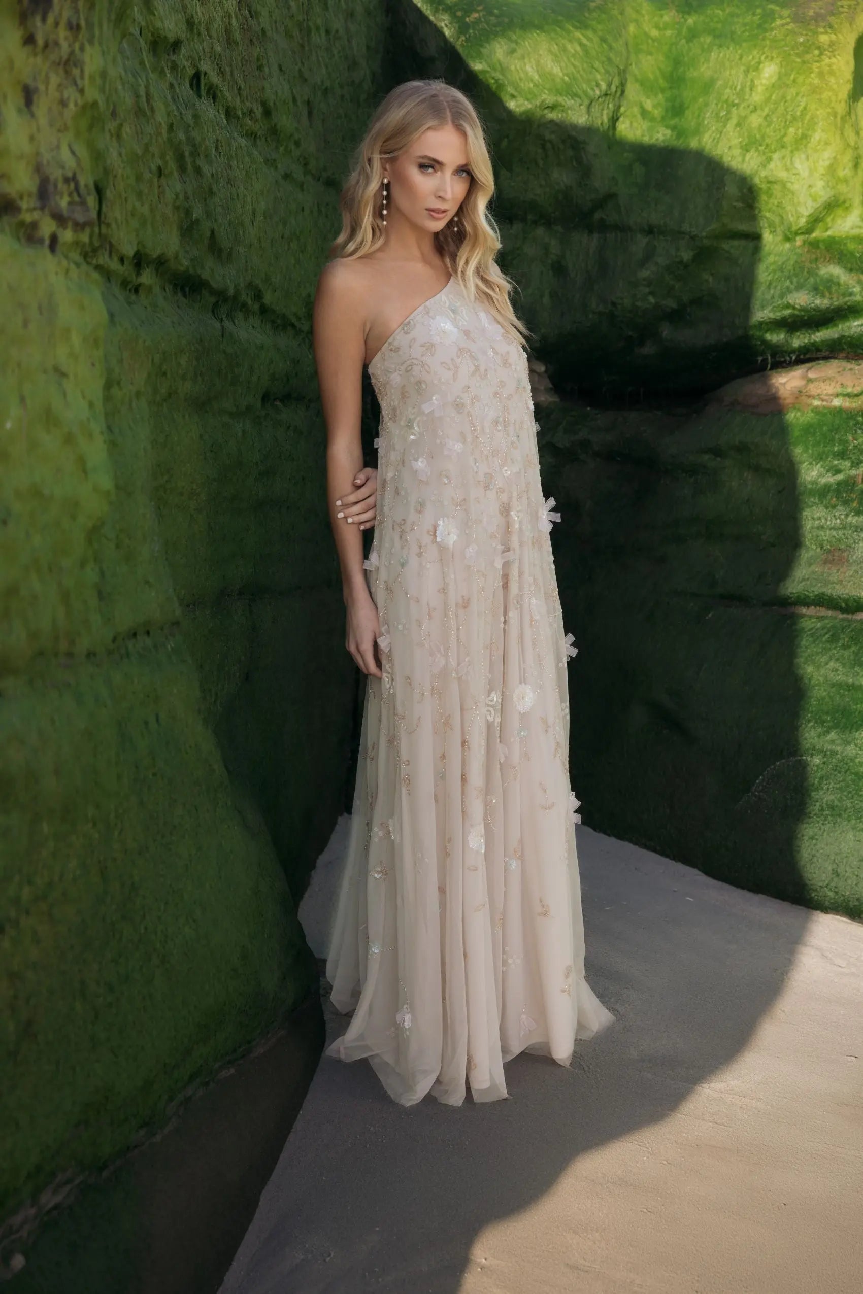 beige one shoulder dress Beige One Shoulder Floral Embellished Trapeze Gown