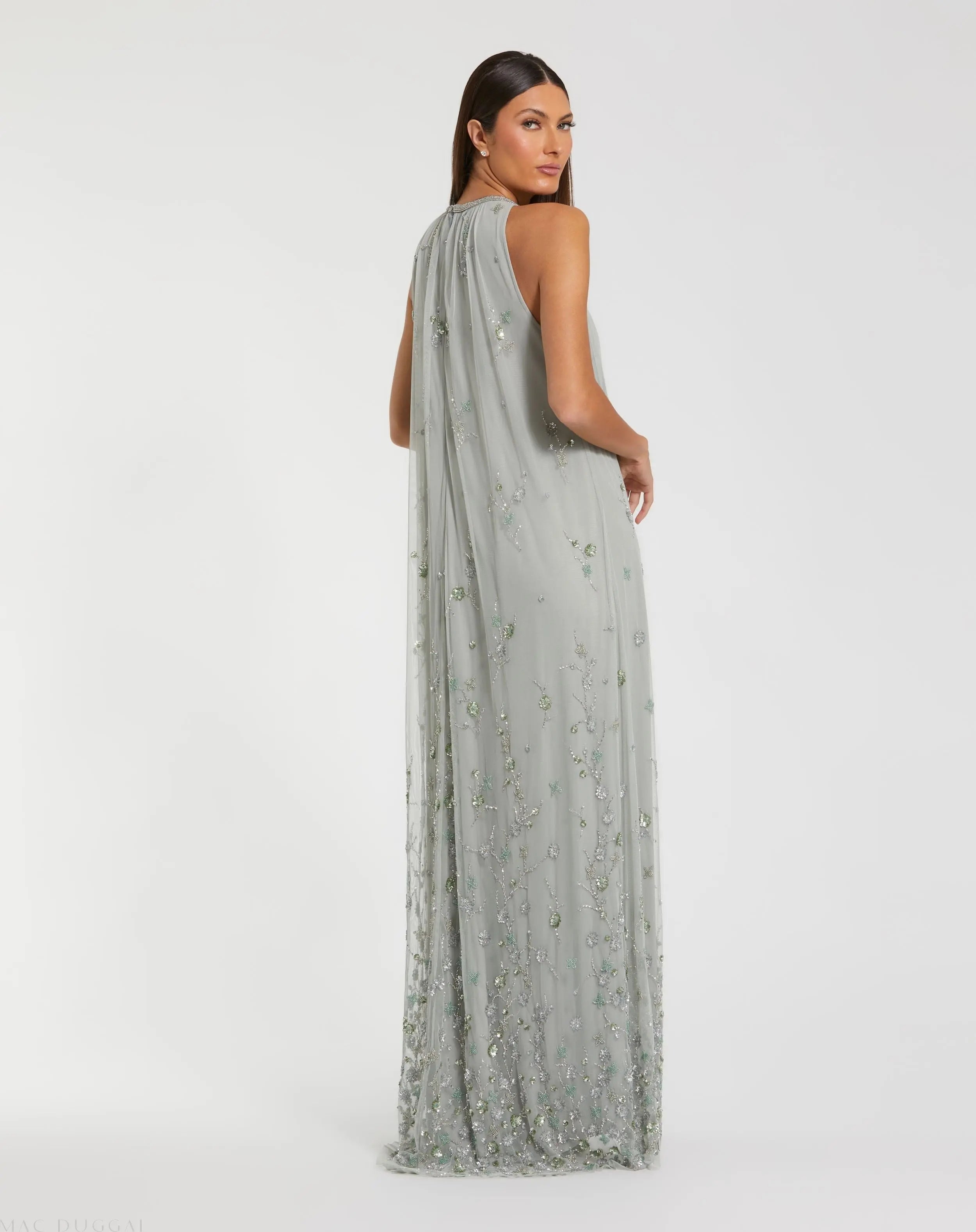 Green High Neck Floral Embellished Mesh Trapeze Gown - Mac Duggal