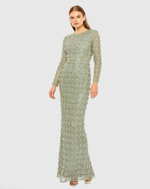 Green Long Sleeve High Neck Beaded Gown - Mac Duggal
