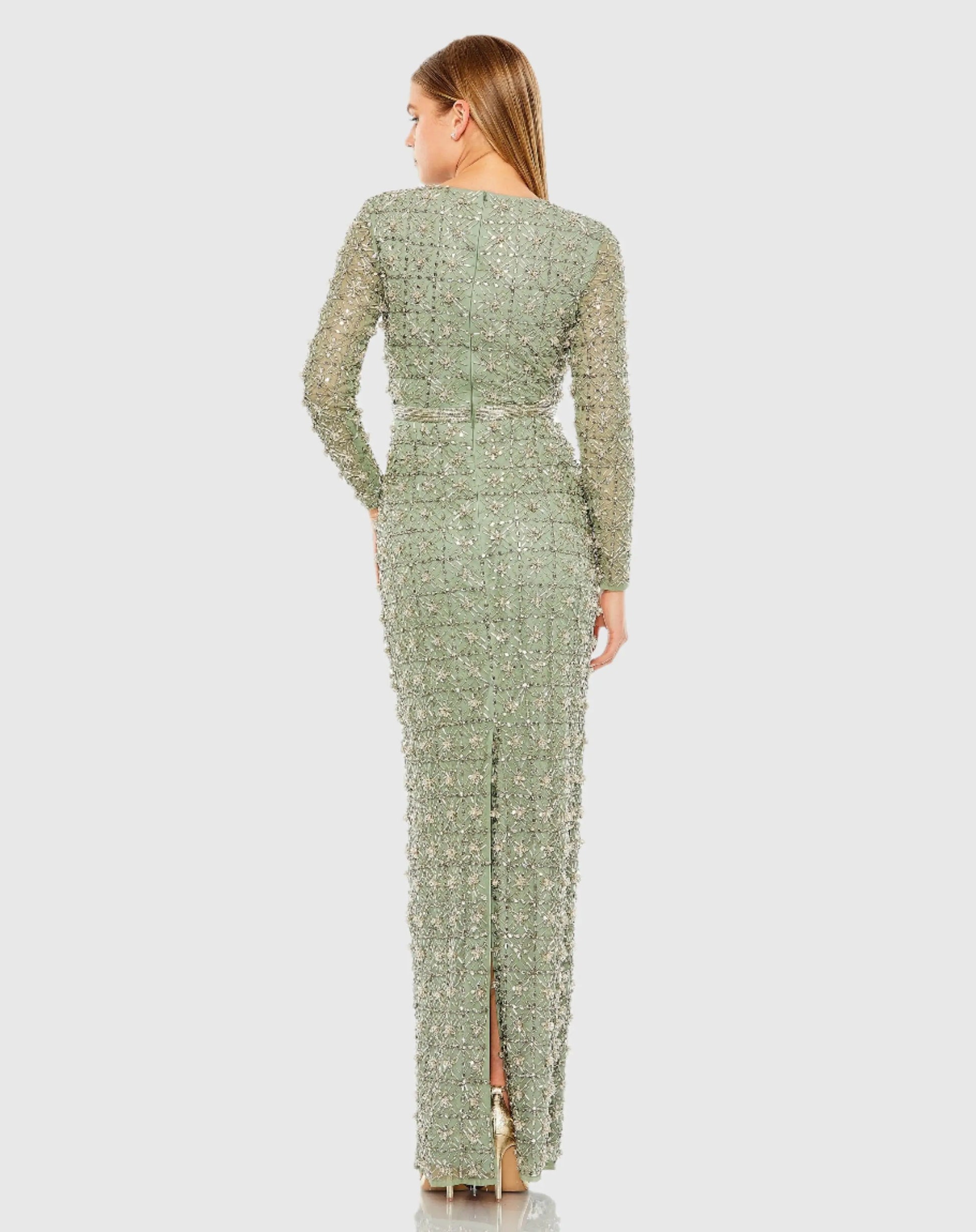 Green Long Sleeve High Neck Beaded Gown - Mac Duggal
