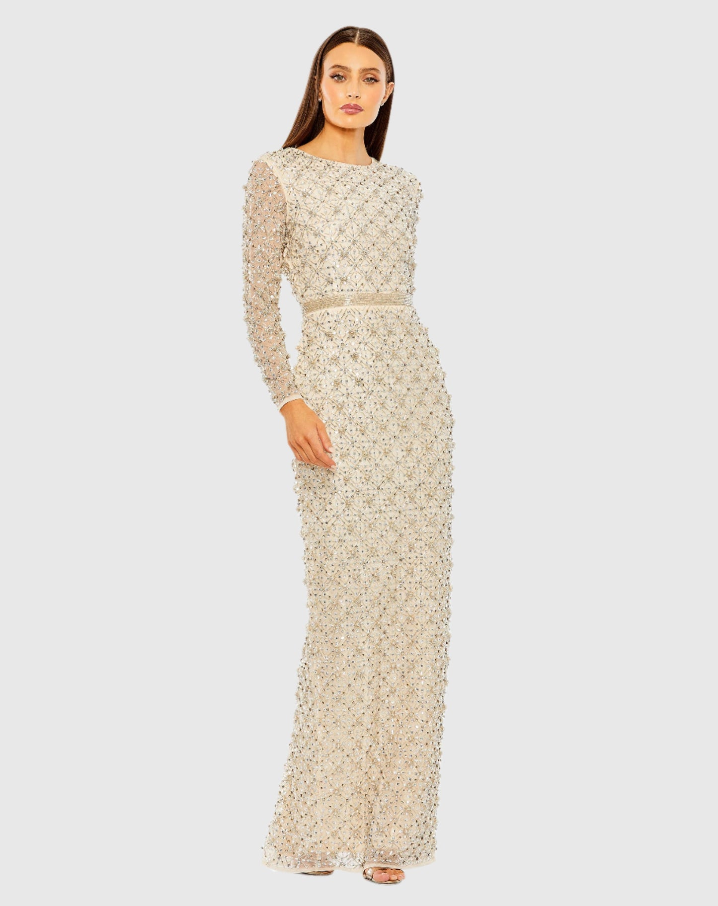 Long Sleeve High Neck Beaded Gown