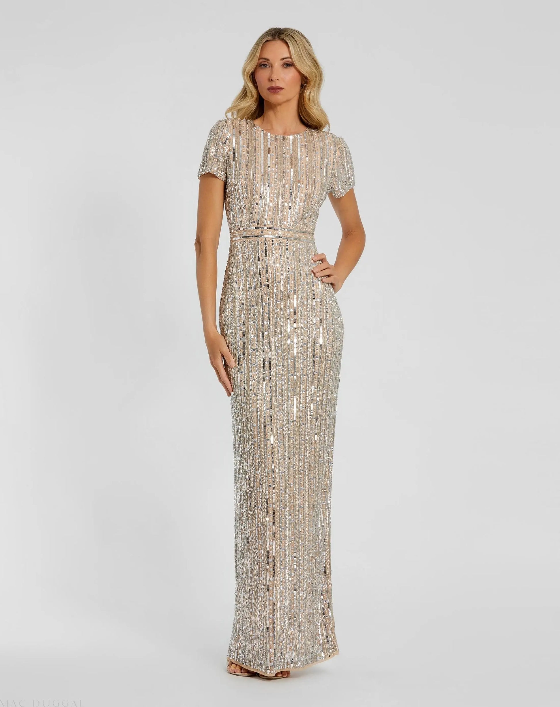 High Neck Short Sleeve Embellished Gown - Mac Duggal