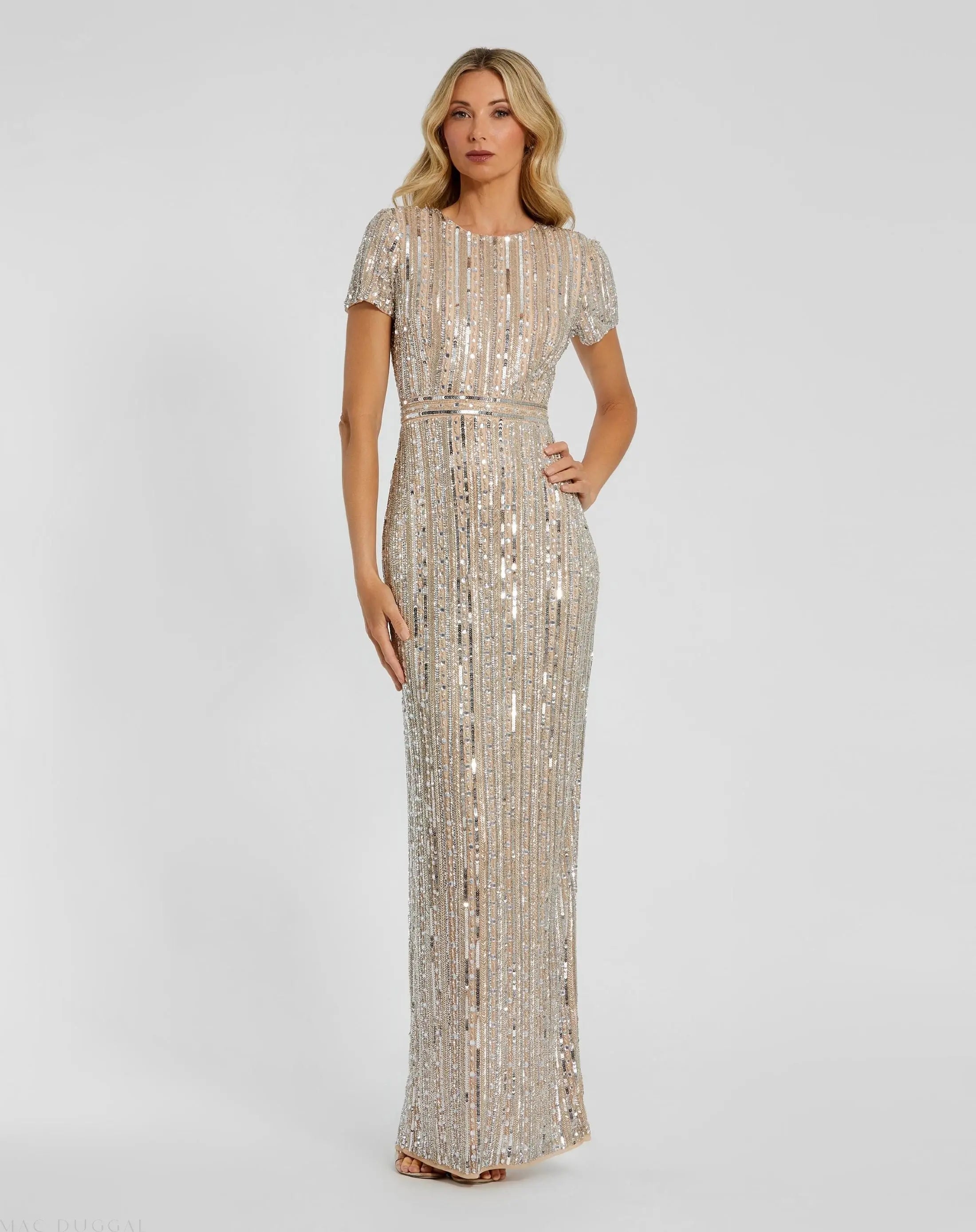 High Neck Short Sleeve Embellished Gown - Mac Duggal