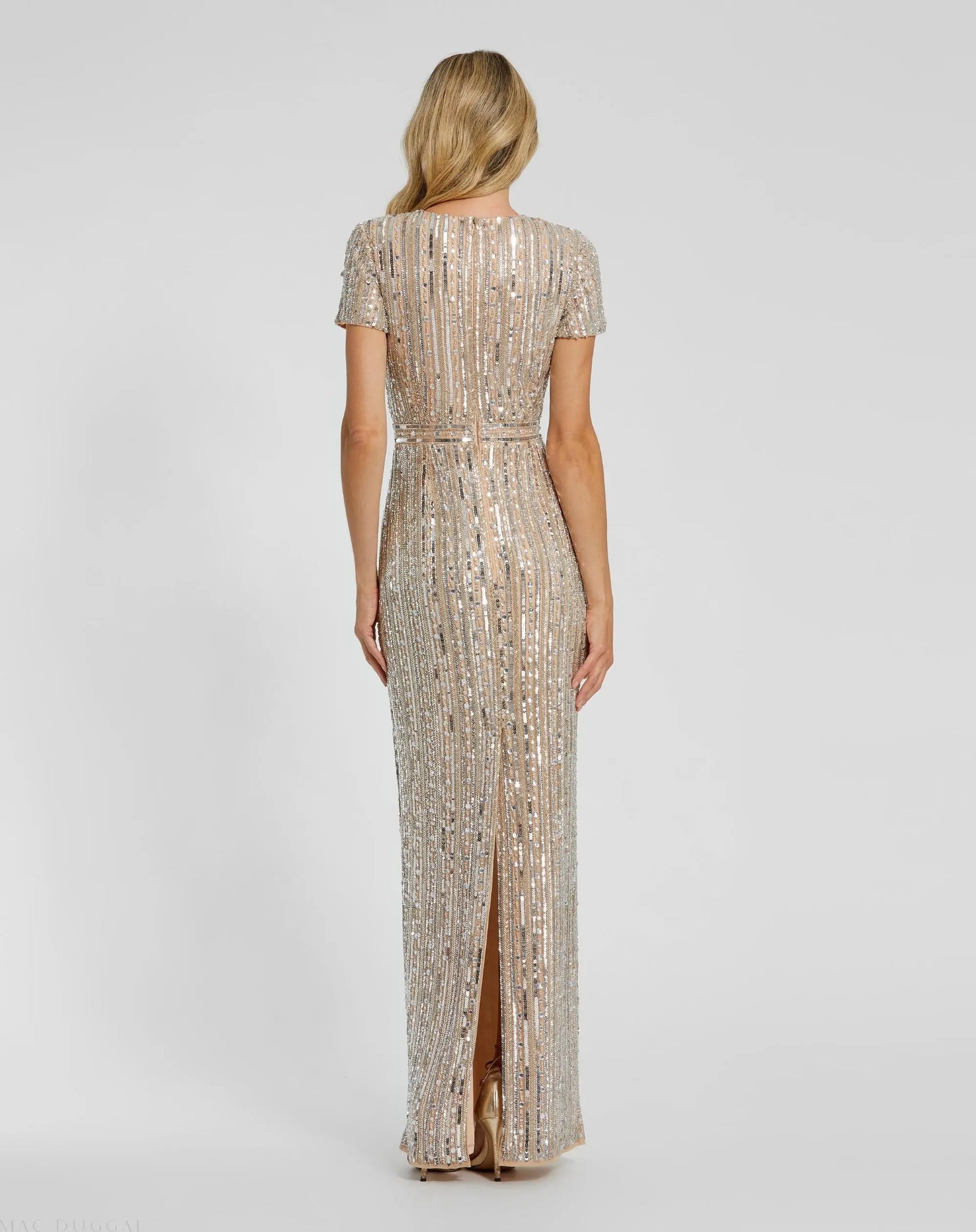 Mac Duggal Embellished High Neck Short Sleeve Gown - Nude Mac Duggal Embellished High Neck Short Sleeve Gown - Nude