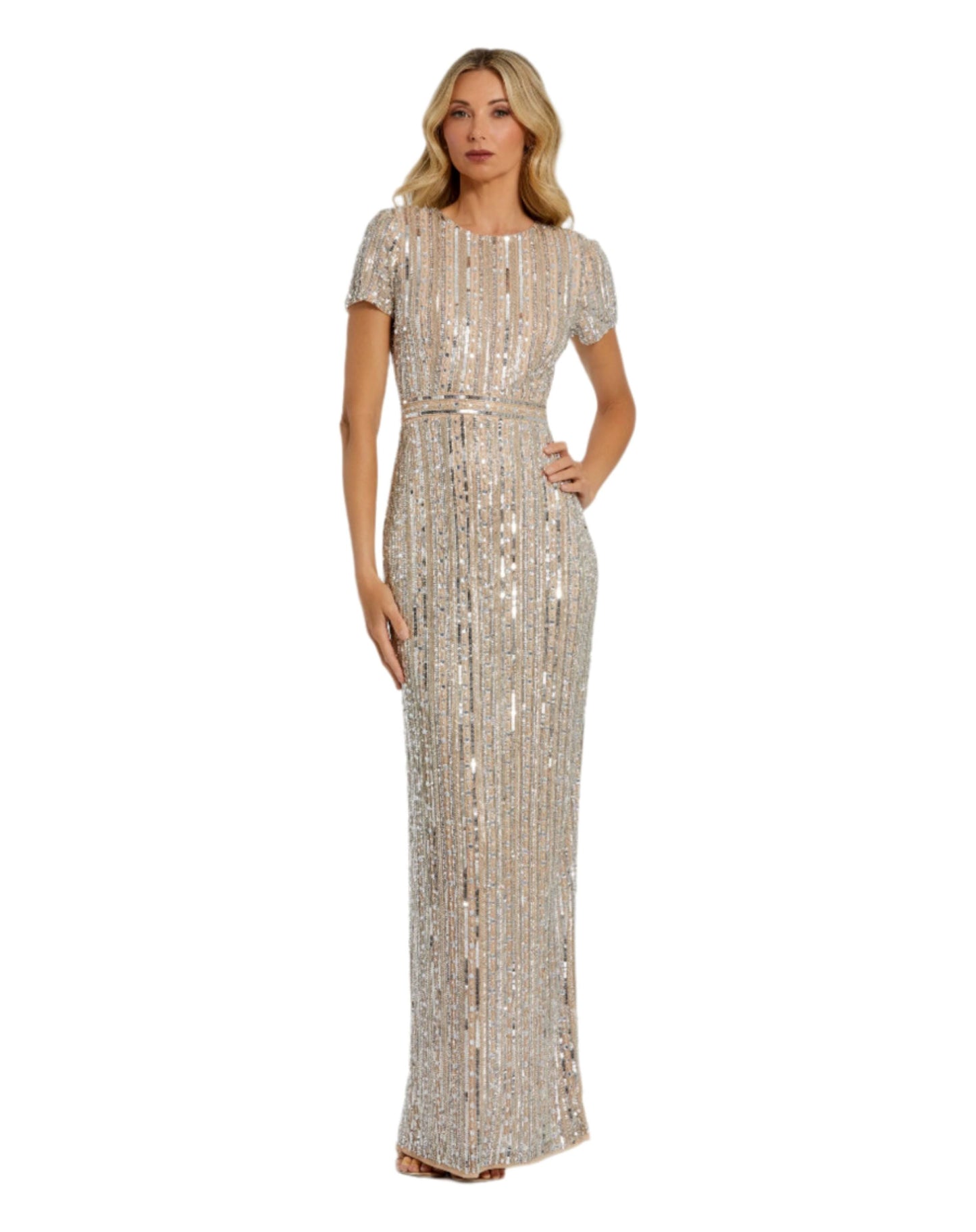 High Neck Half Puff Sleeve Embellished Gown