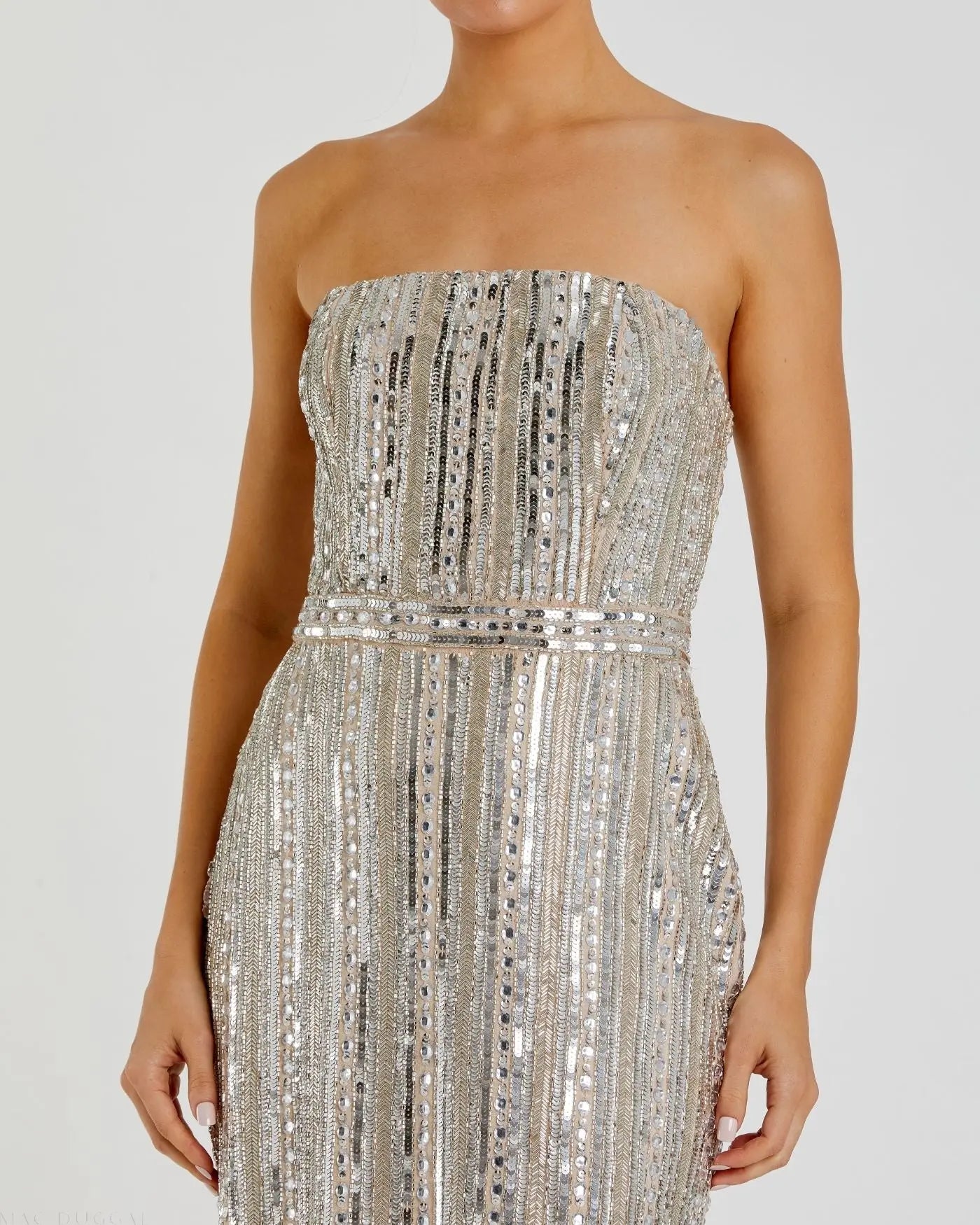 mac duggal white pearl beaded square neck mini dress Beige Pearl Fringe Mini Dress