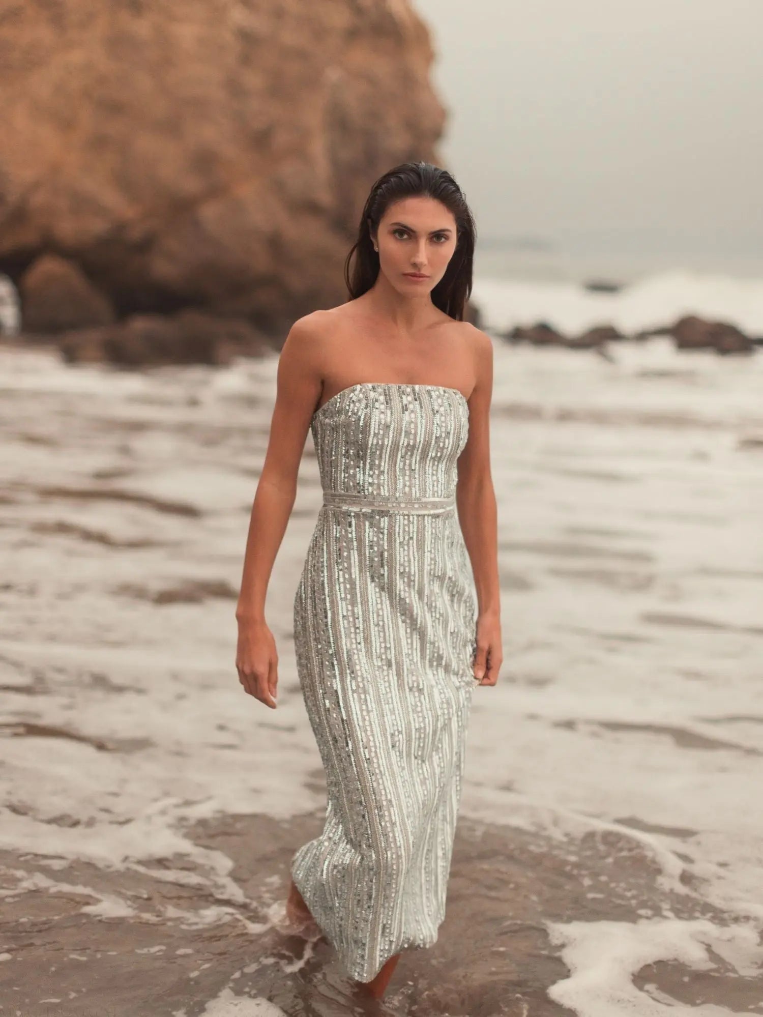 Silver and Beige Embellished Strapless Sheath Dress - Mac Duggal