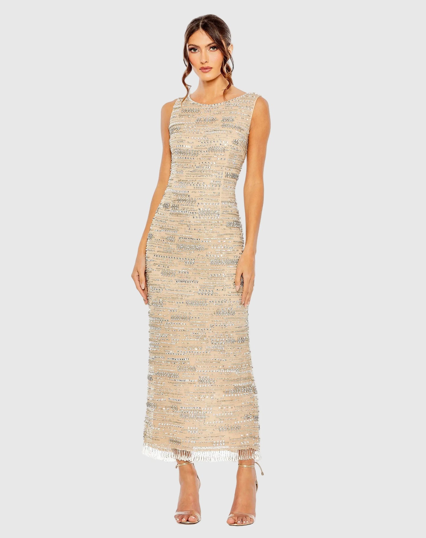 Beige Sleeveless Embellished Dress With Fringe Hem - Mac Duggal