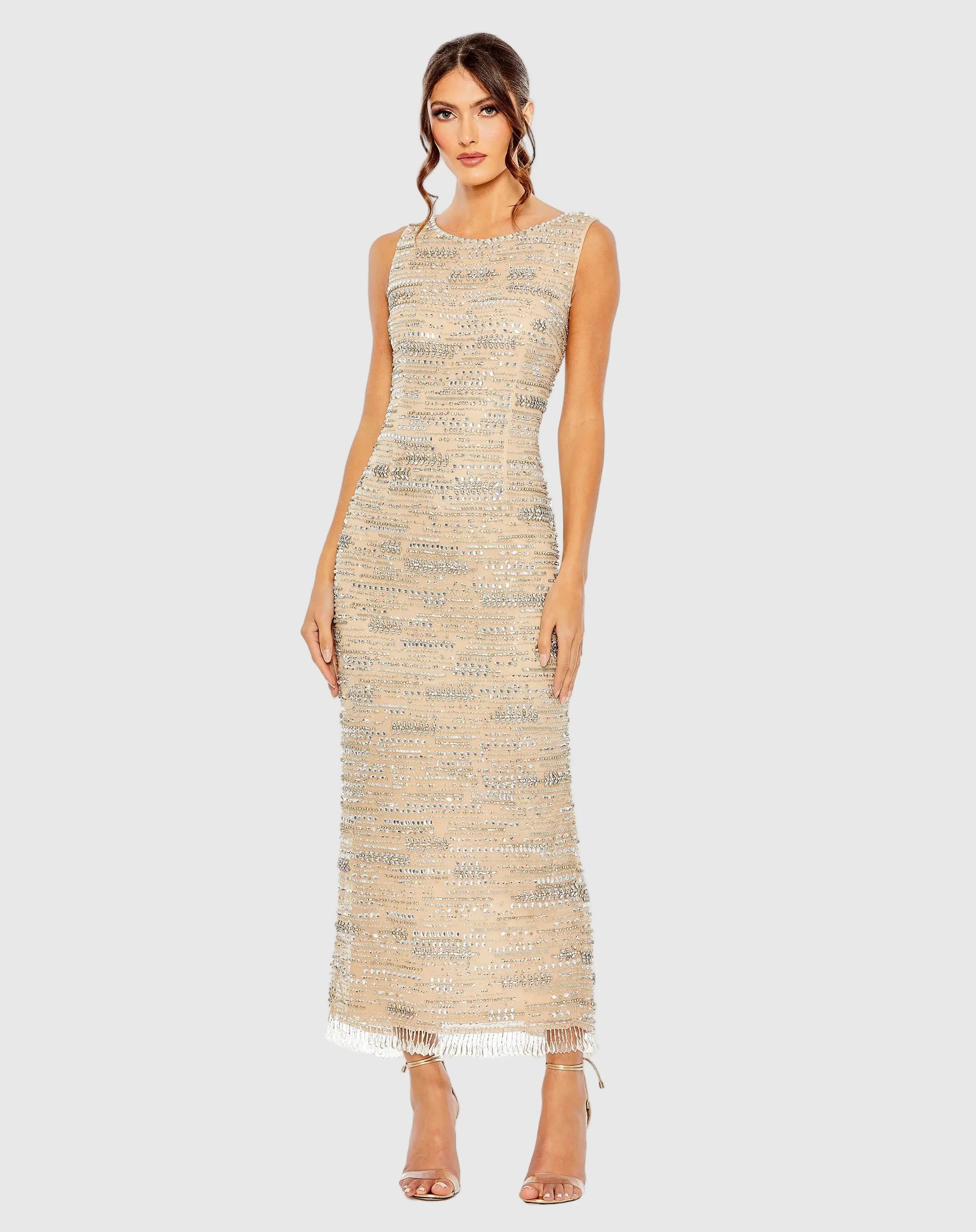 Beige Sleeveless Embellished Dress With Fringe Hem - Mac Duggal