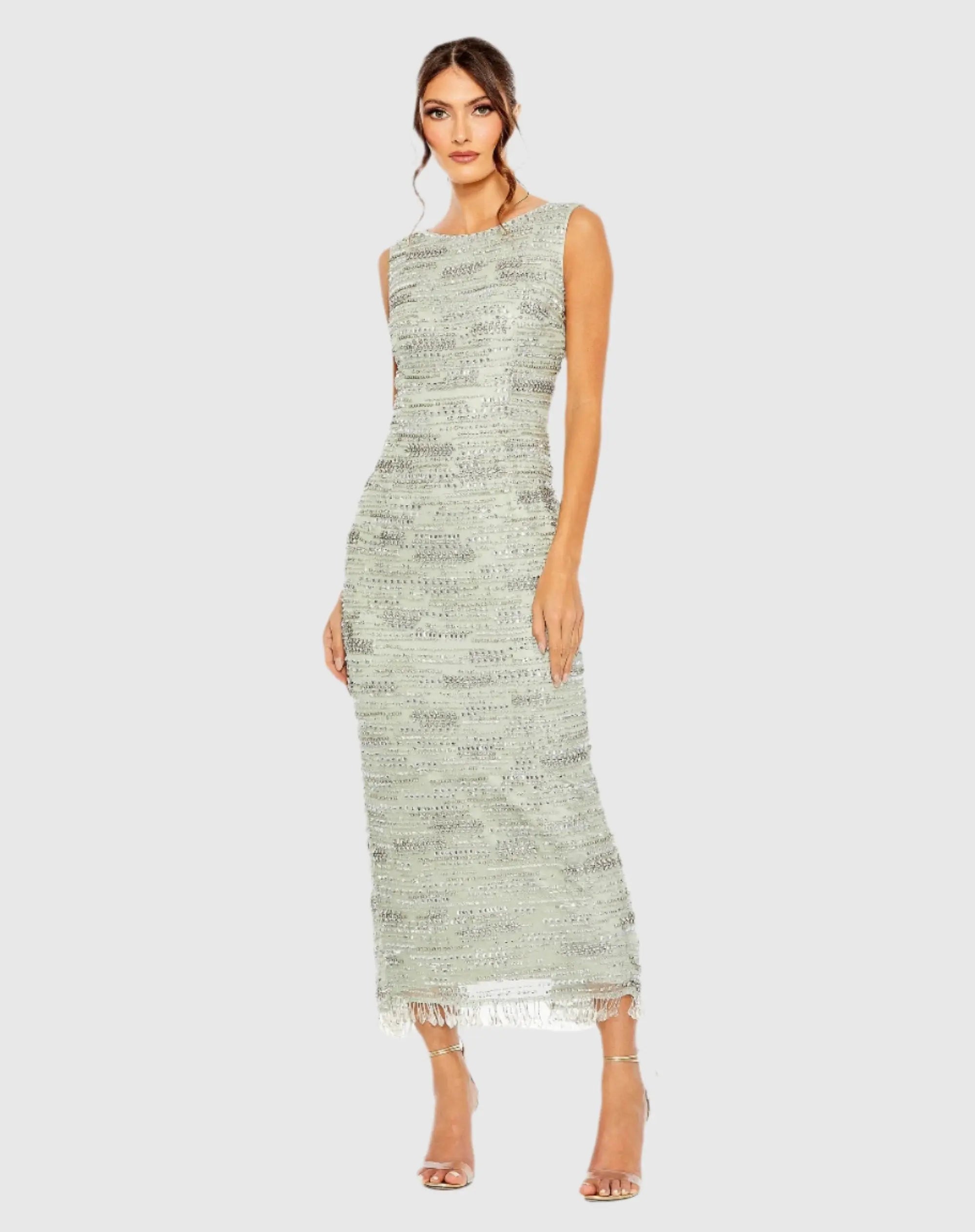 Green Abstract Beaded Sleeveless Midi Sheath Dress - Mac Duggal Green Abstract Beaded Sleeveless Midi Sheath Dress - Mac Duggal