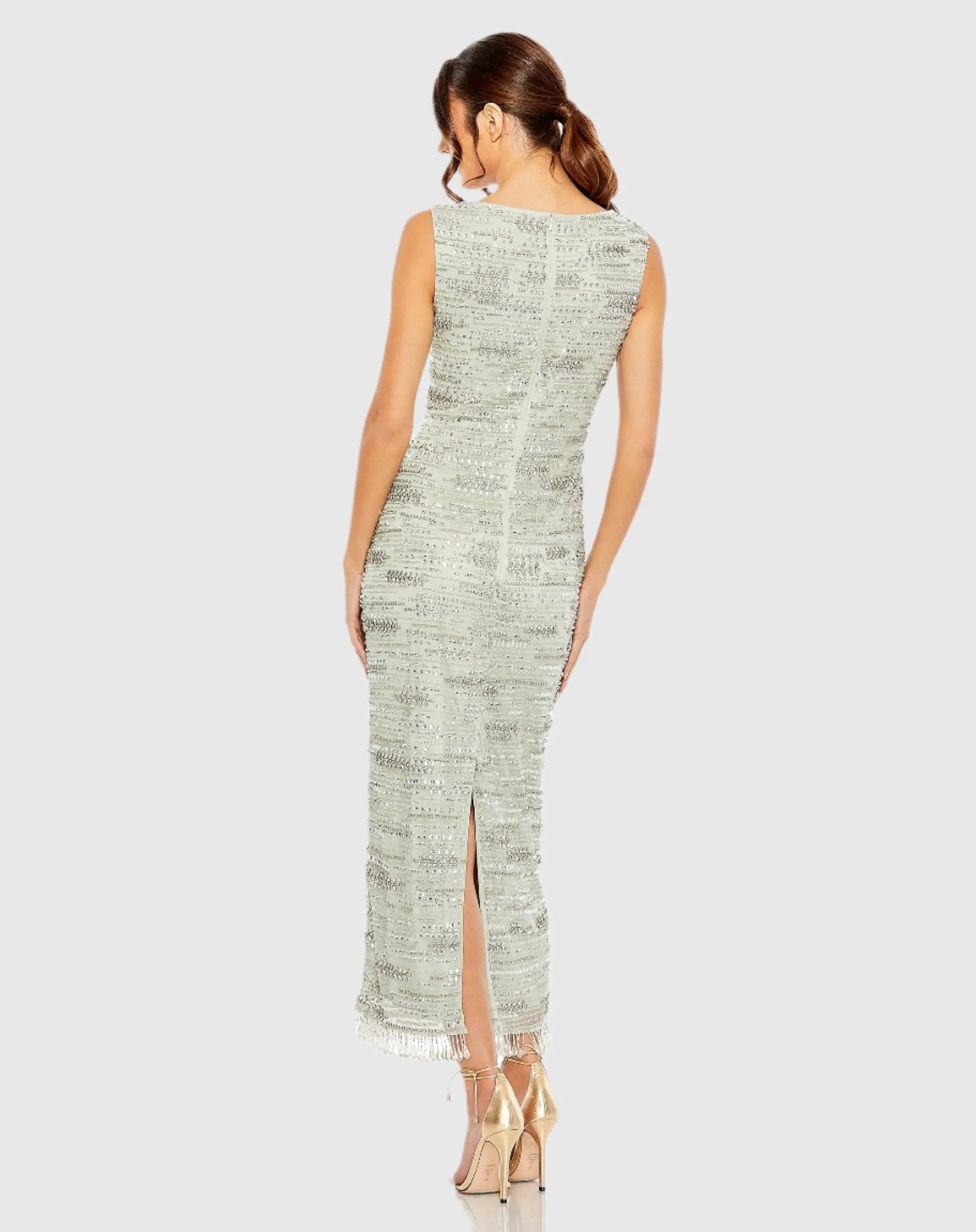 Green Sleeveless Crystal Fringe Column Dress - Mac Duggal