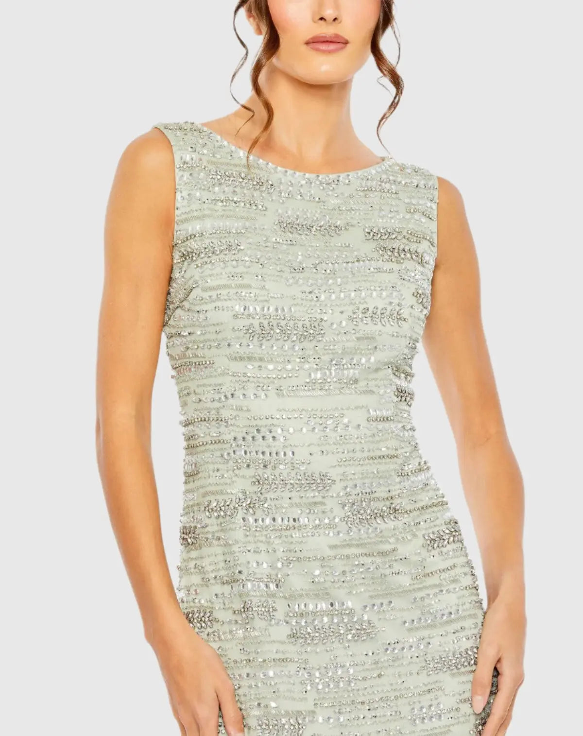 Green Sleeveless Crystal Fringe Column Dress - Mac Duggal