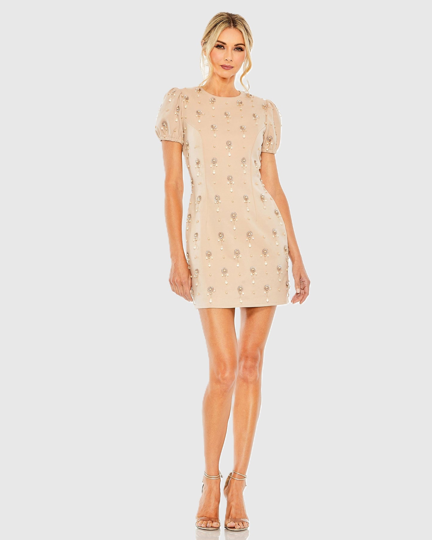 Beige Crystal Embellished Short Sleeve Mini Dress