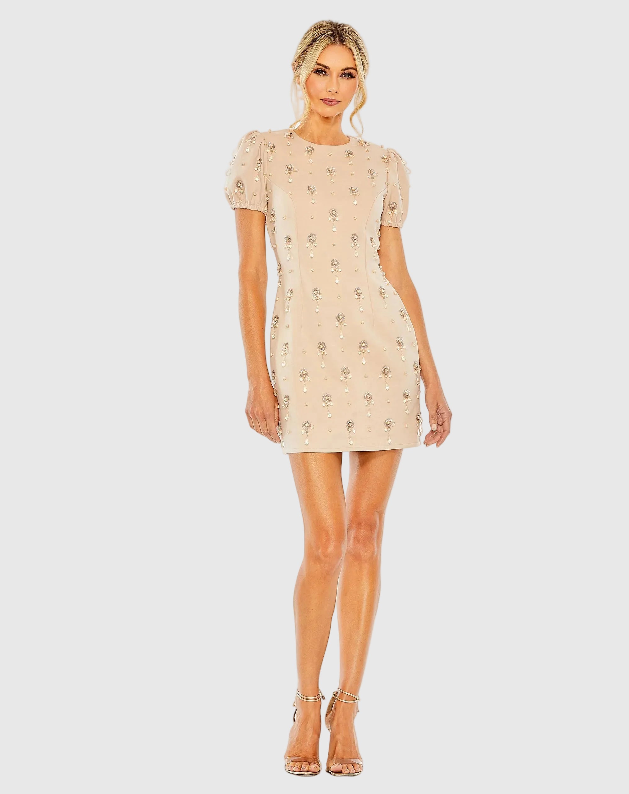 Beige Crystal Embellished Short Sleeve Mini Dress - Ieena for Mac Duggal
