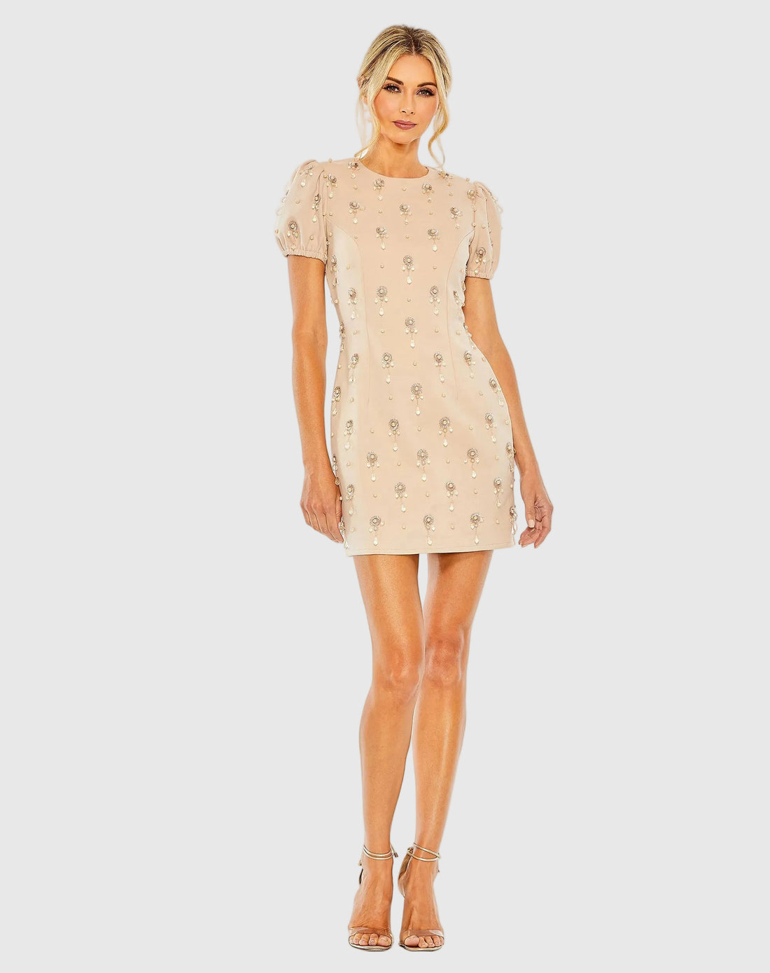 Beige Crystal Embellished Short Sleeve Mini Dress - Ieena for Mac Duggal