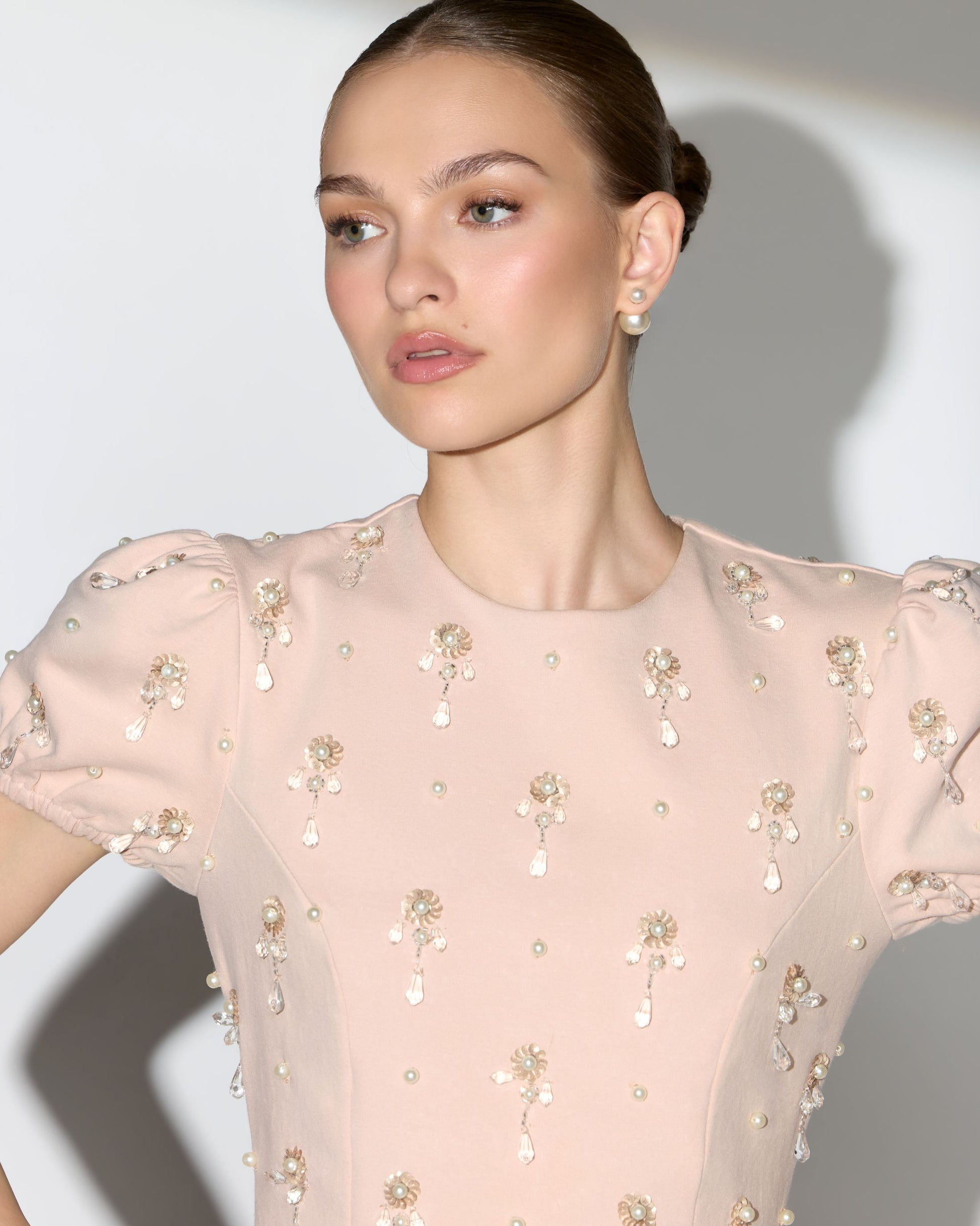 Beige Crystal Embellished Short Sleeve Mini Dress - Ieena for Mac Duggal