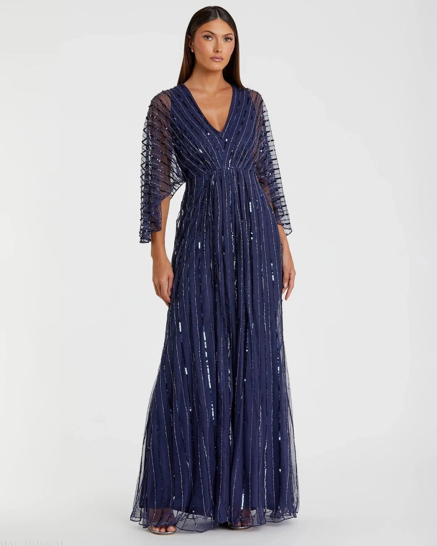 Beaded Striping Kimono Sleeve V Neck Gown - Mac Duggal Beaded Striping Kimono Sleeve V Neck Gown - Mac Duggal