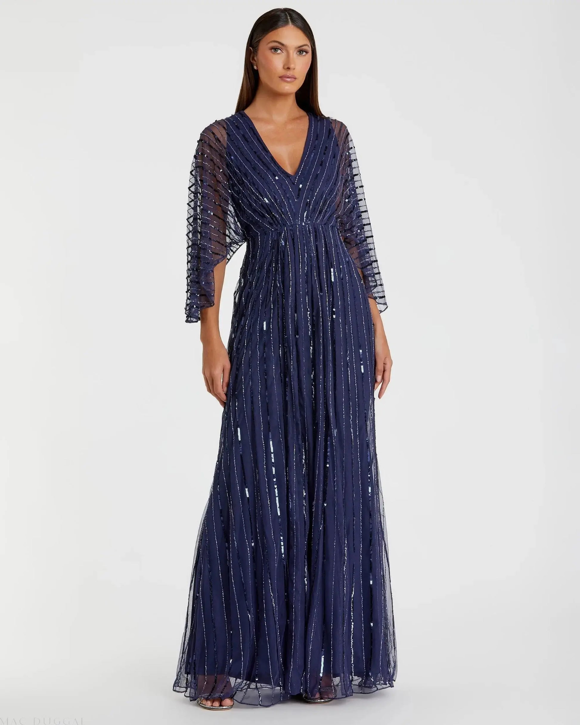 Navy Beaded Striping Kimono Sleeve V Neck Gown - Mac Duggal US 16 Navy Beaded Striping Kimono Sleeve V Neck Gown - Mac Duggal US 16