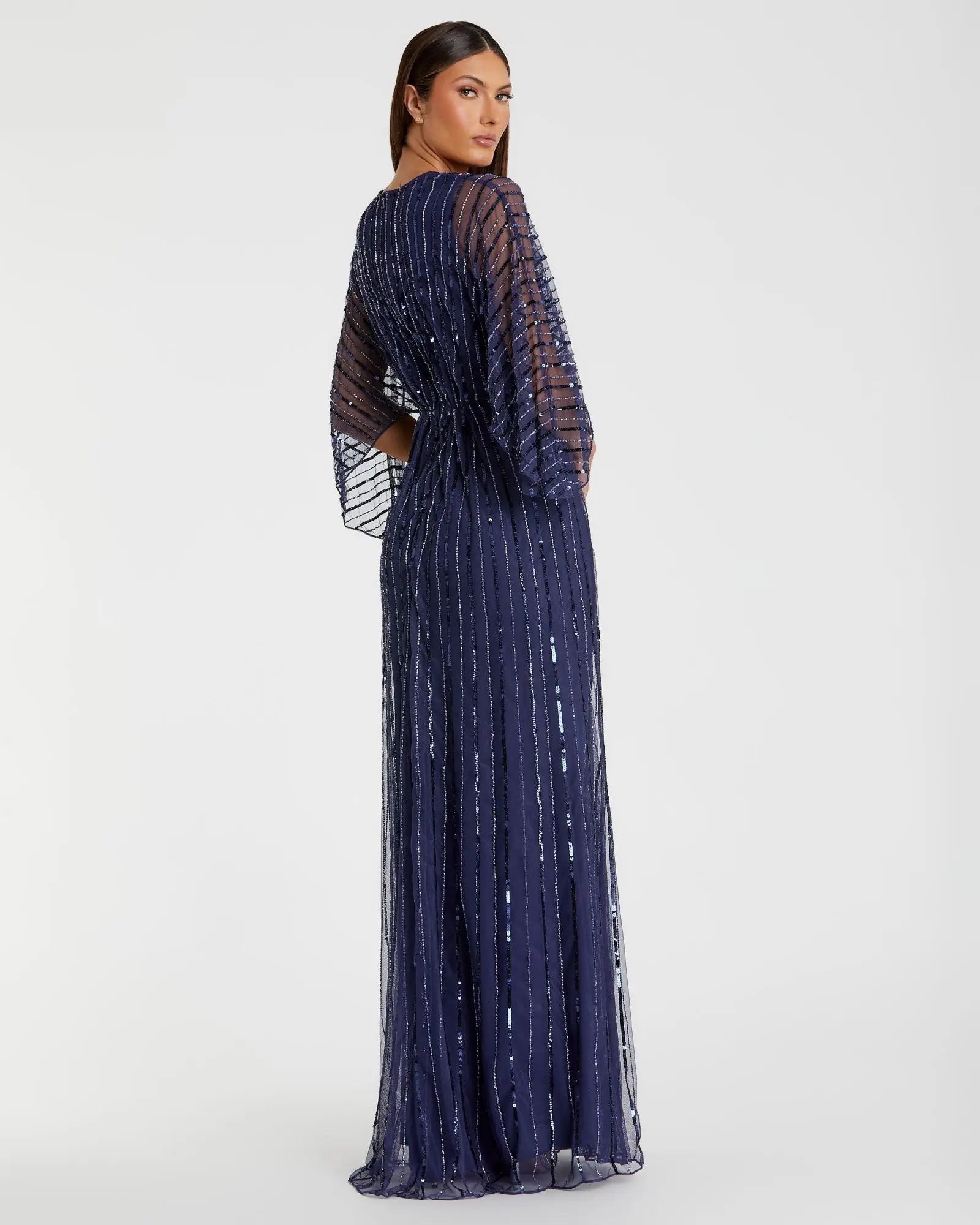 Navy Beaded Striping Kimono Sleeve V Neck Gown - Mac Duggal