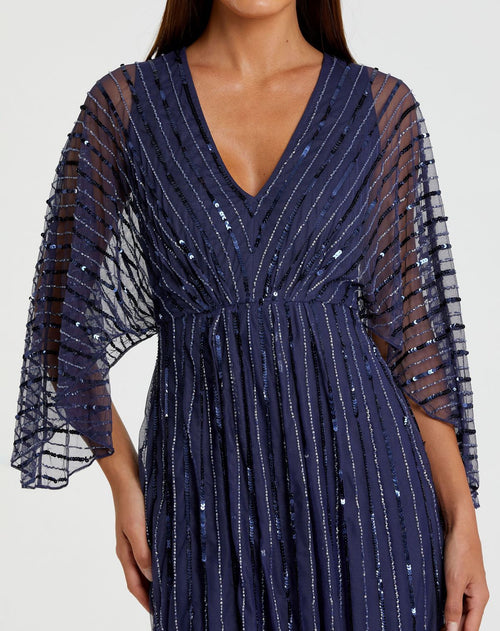 Beaded Striping Kimono Sleeve V Neck Gown