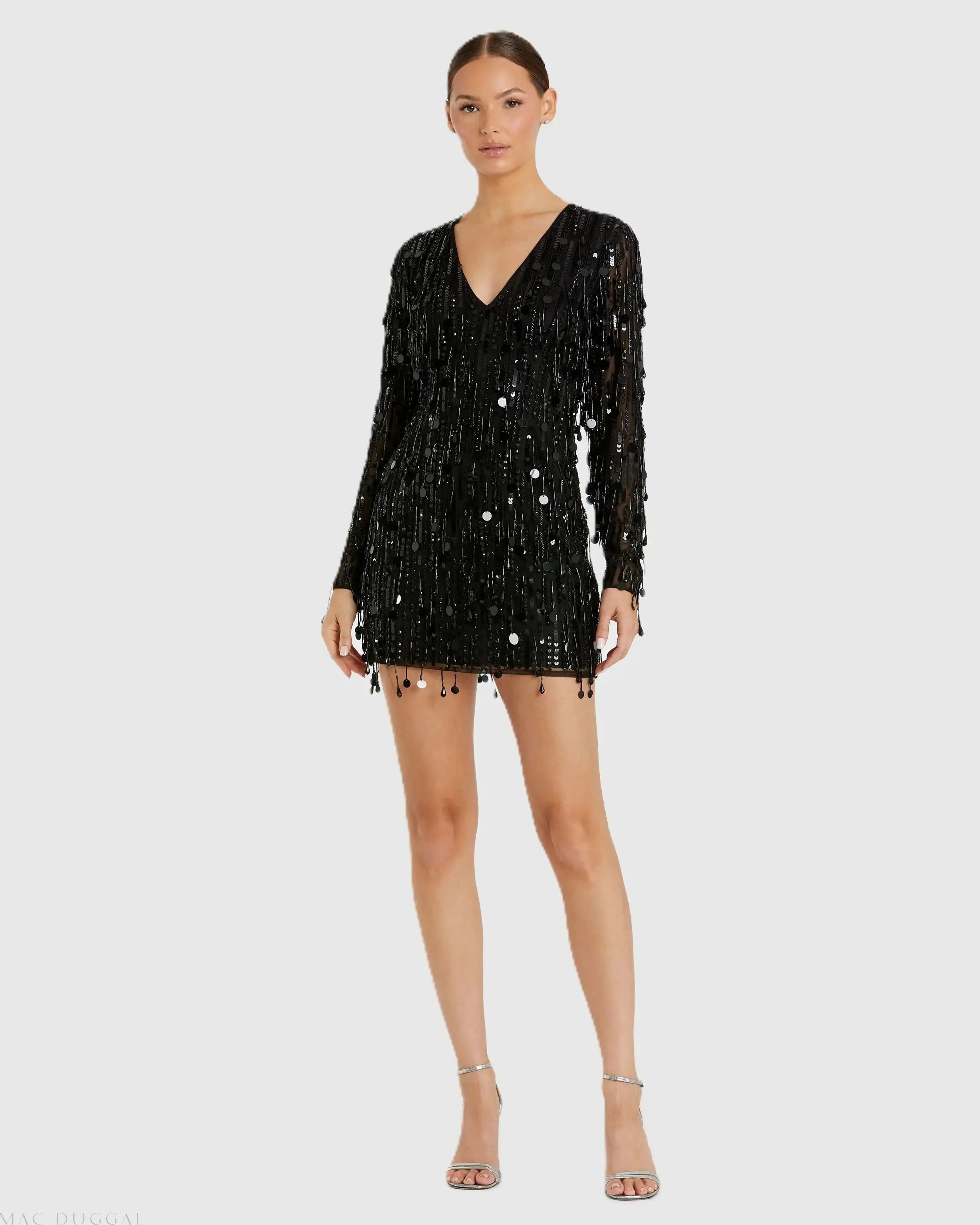 Black Long Sleeve Beaded Fringe Plunge Neck Dress - Mac Duggal
