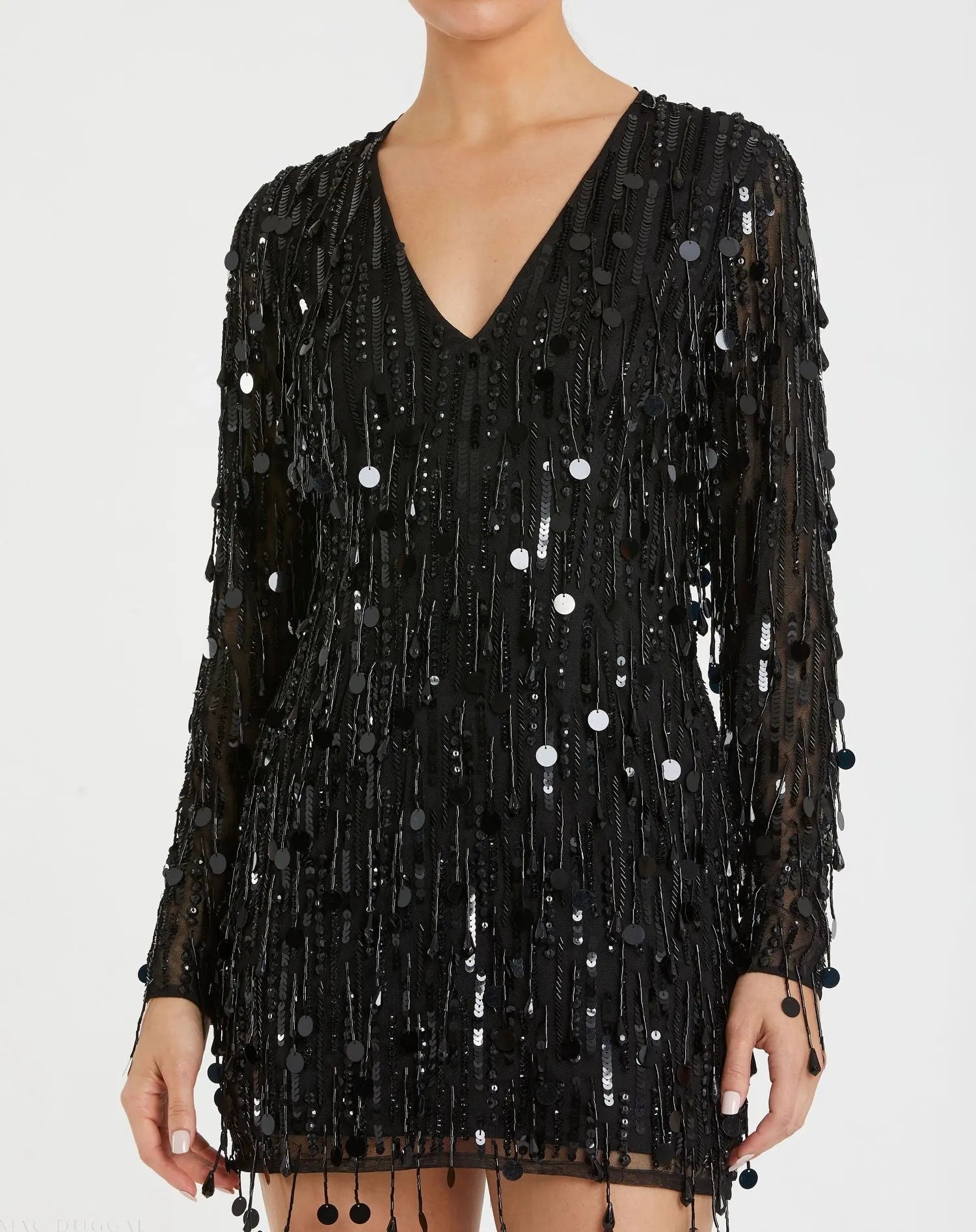 Black Long Sleeve Beaded Fringe Plunge Neck Dress - Mac Duggal