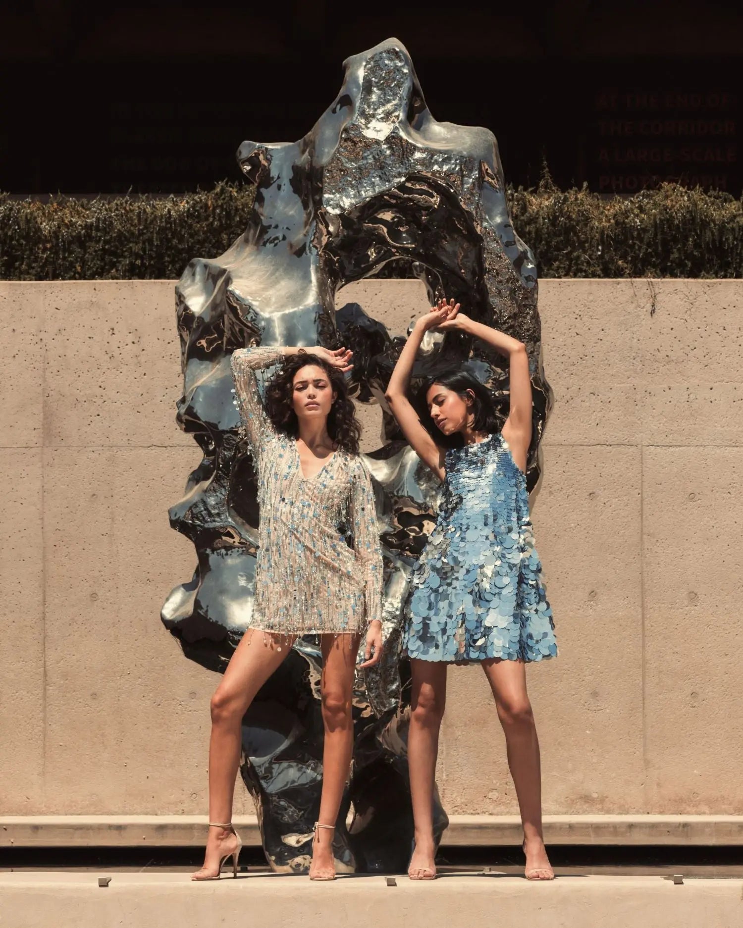 Silver Long Sleeve Beaded Fringe Plunge Neck Dress - Mac Duggal