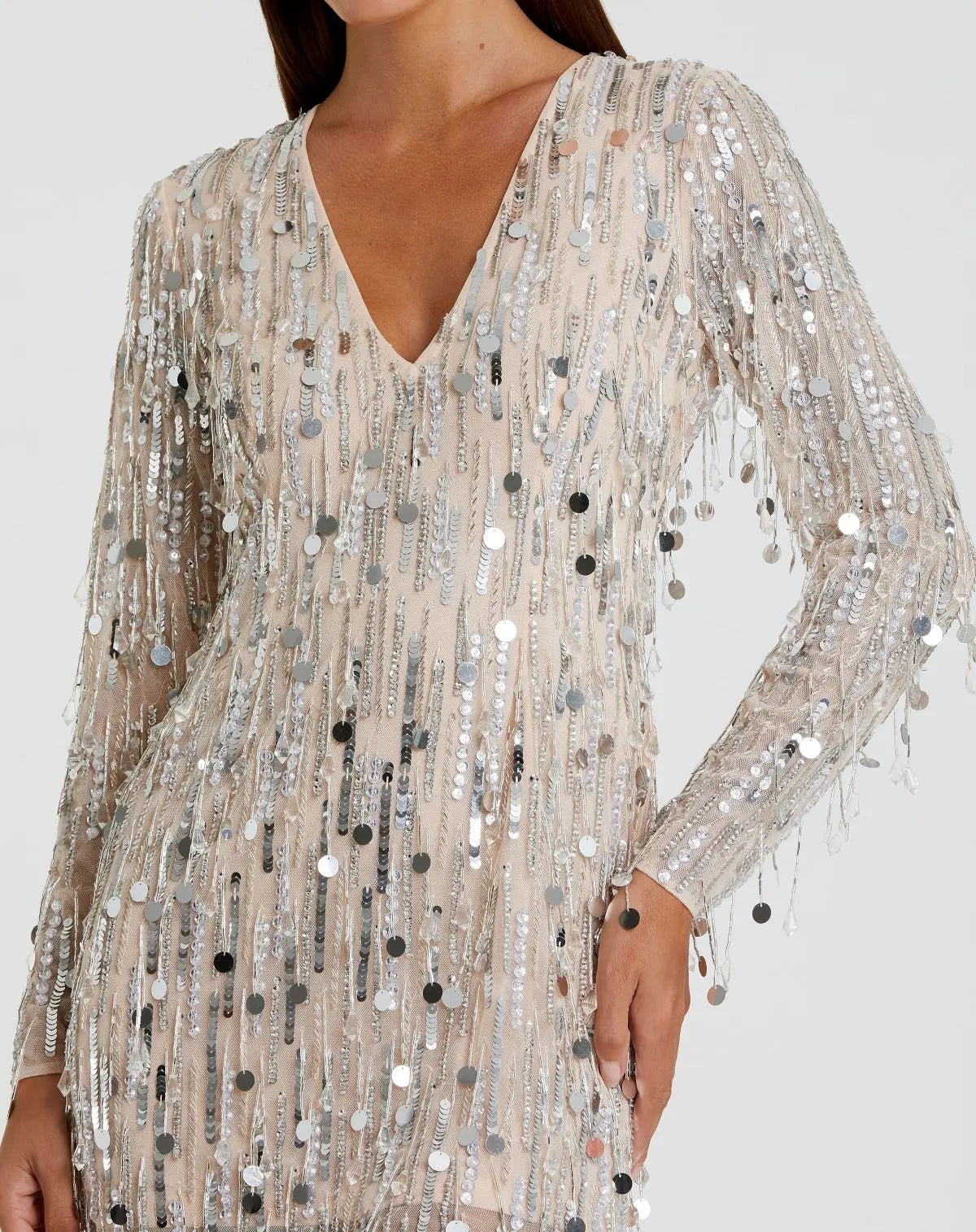 Silver Long Sleeve Beaded Fringe Plunge Neck Dress - Mac Duggal