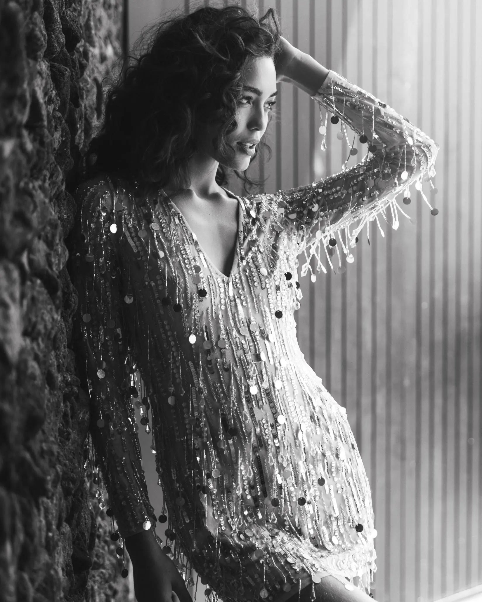 Silver Long Sleeve Beaded Fringe Plunge Neck Dress - Mac Duggal