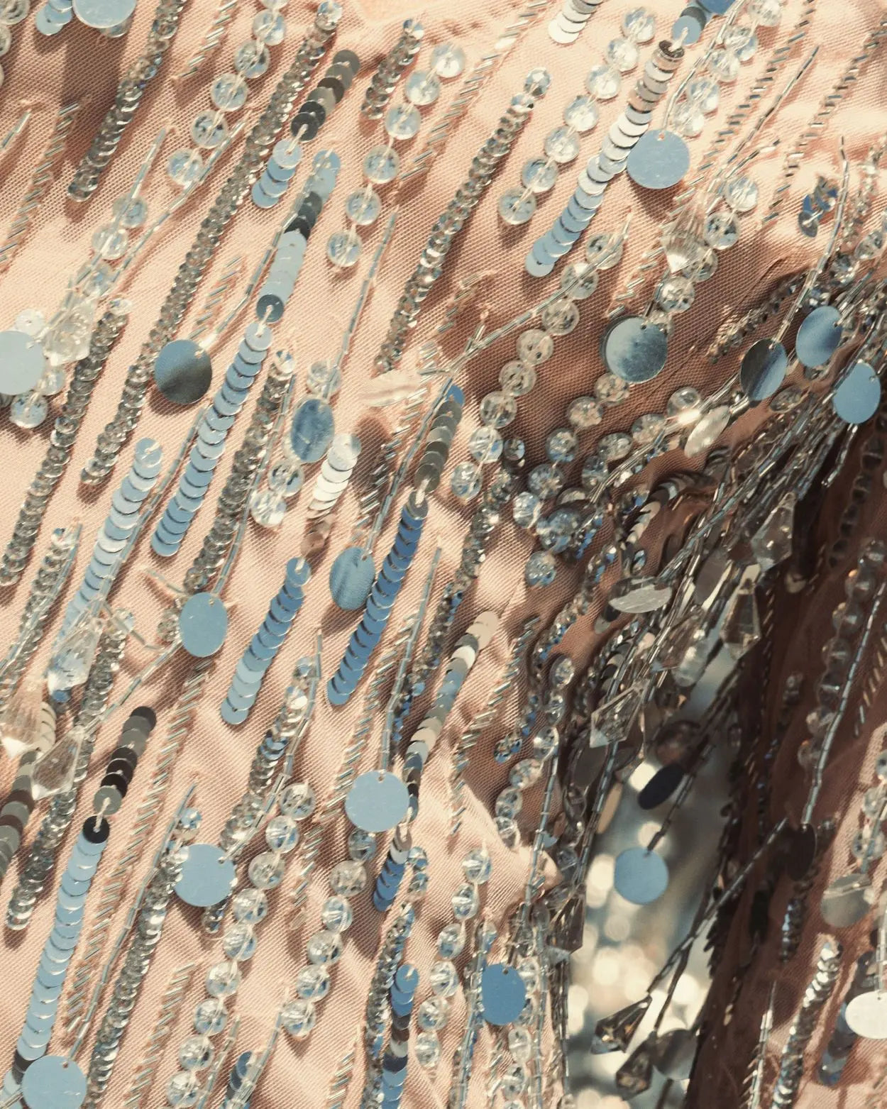 Silver Long Sleeve Beaded Fringe Plunge Neck Dress - Mac Duggal