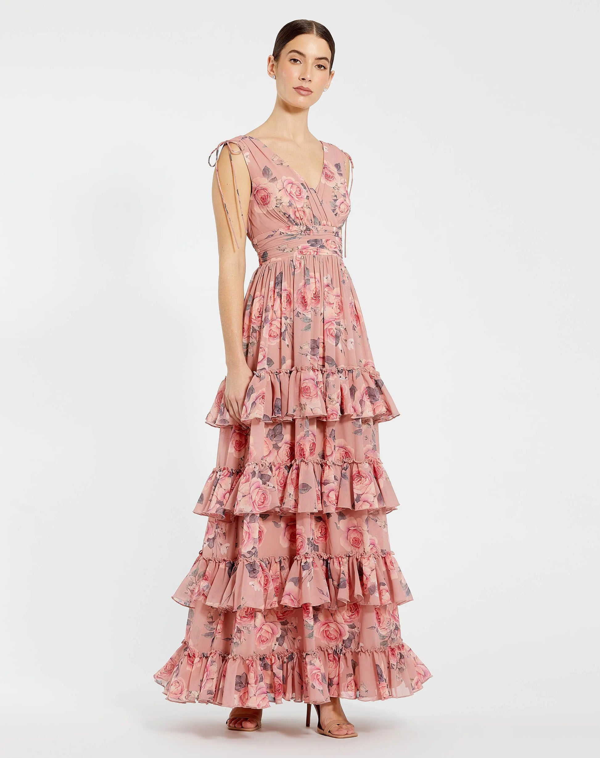 Pink Drawstring Shoulder Chiffon Tiered Floral Dress | Mac Duggal Pink Drawstring Shoulder Chiffon Tiered Floral Dress | Mac Duggal
